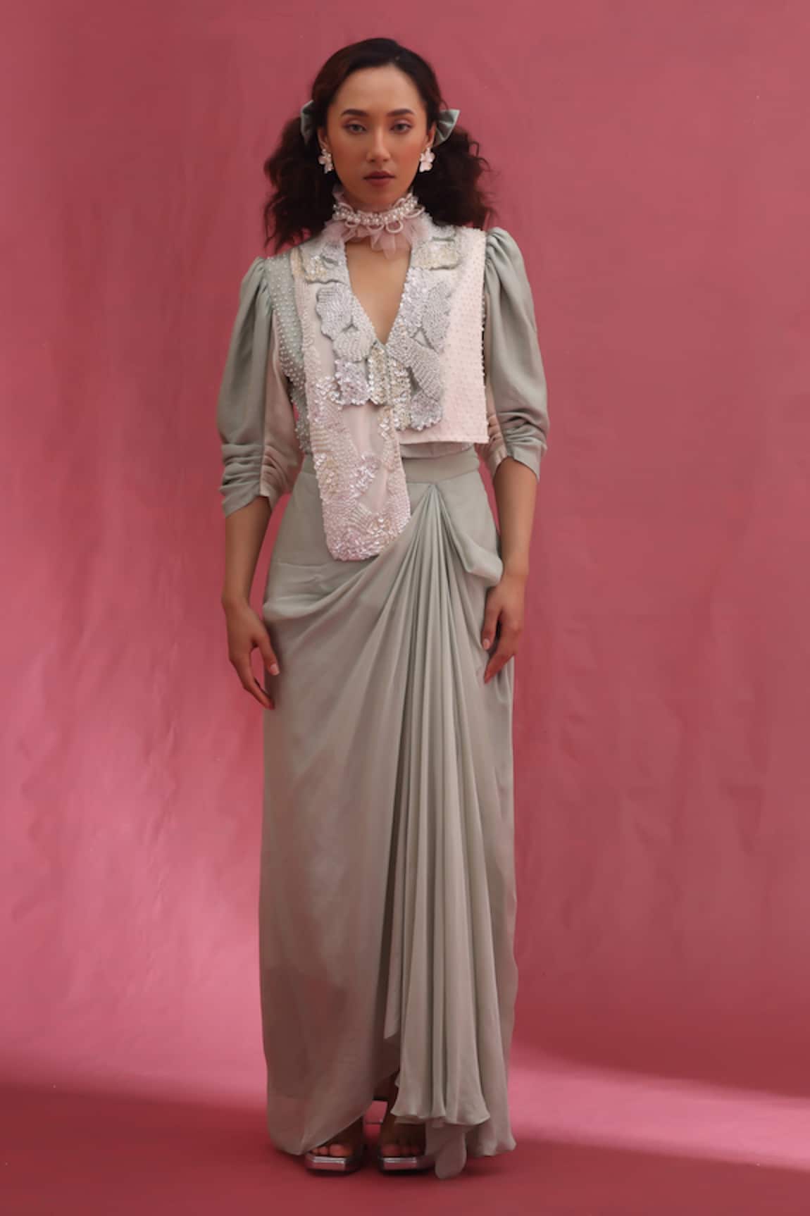 URMIL Mint Fusion Style Jacket & Skirt Set 