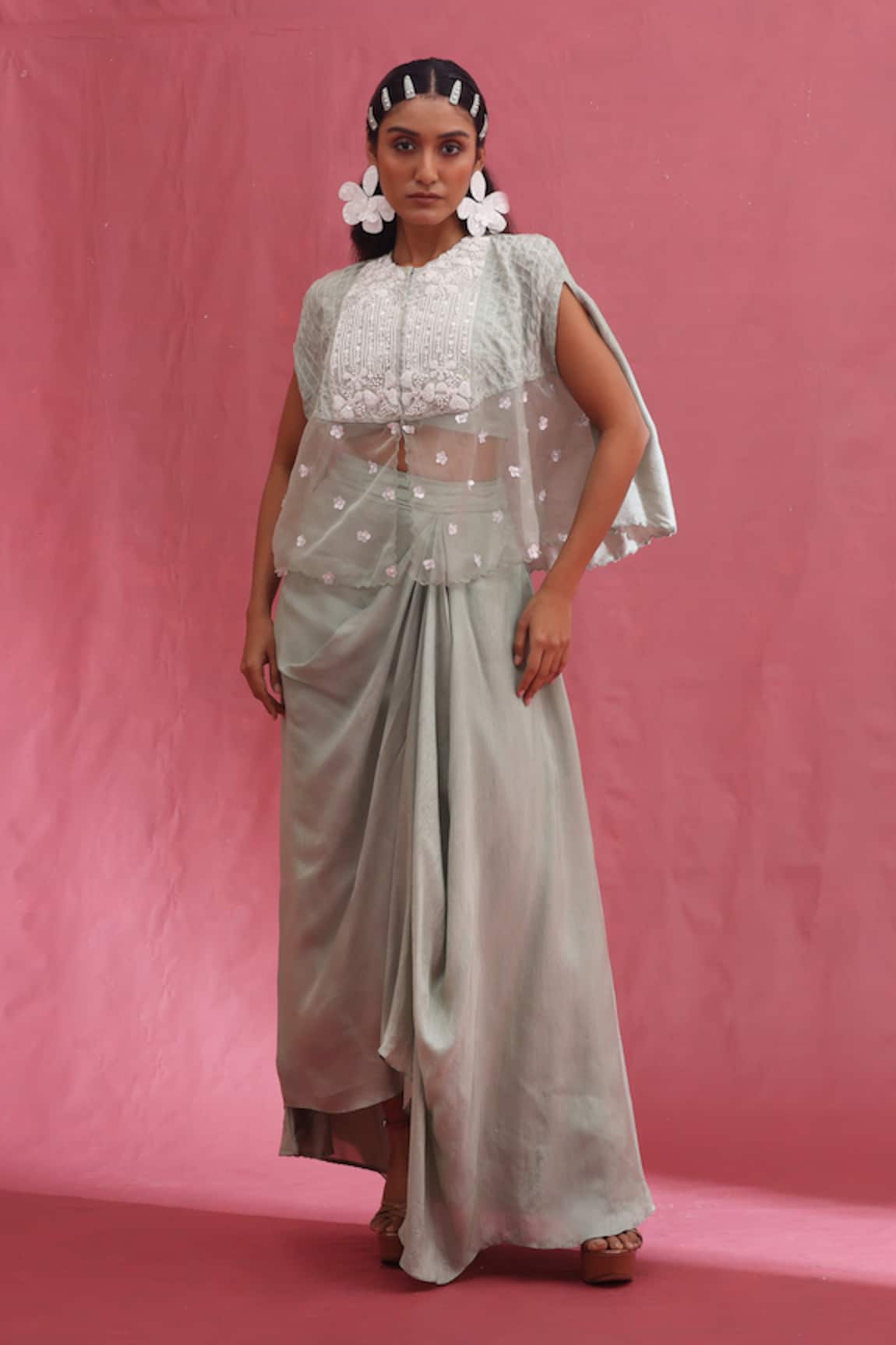 URMIL Mint Organza Cape Bustier Pickup Skirt Set 