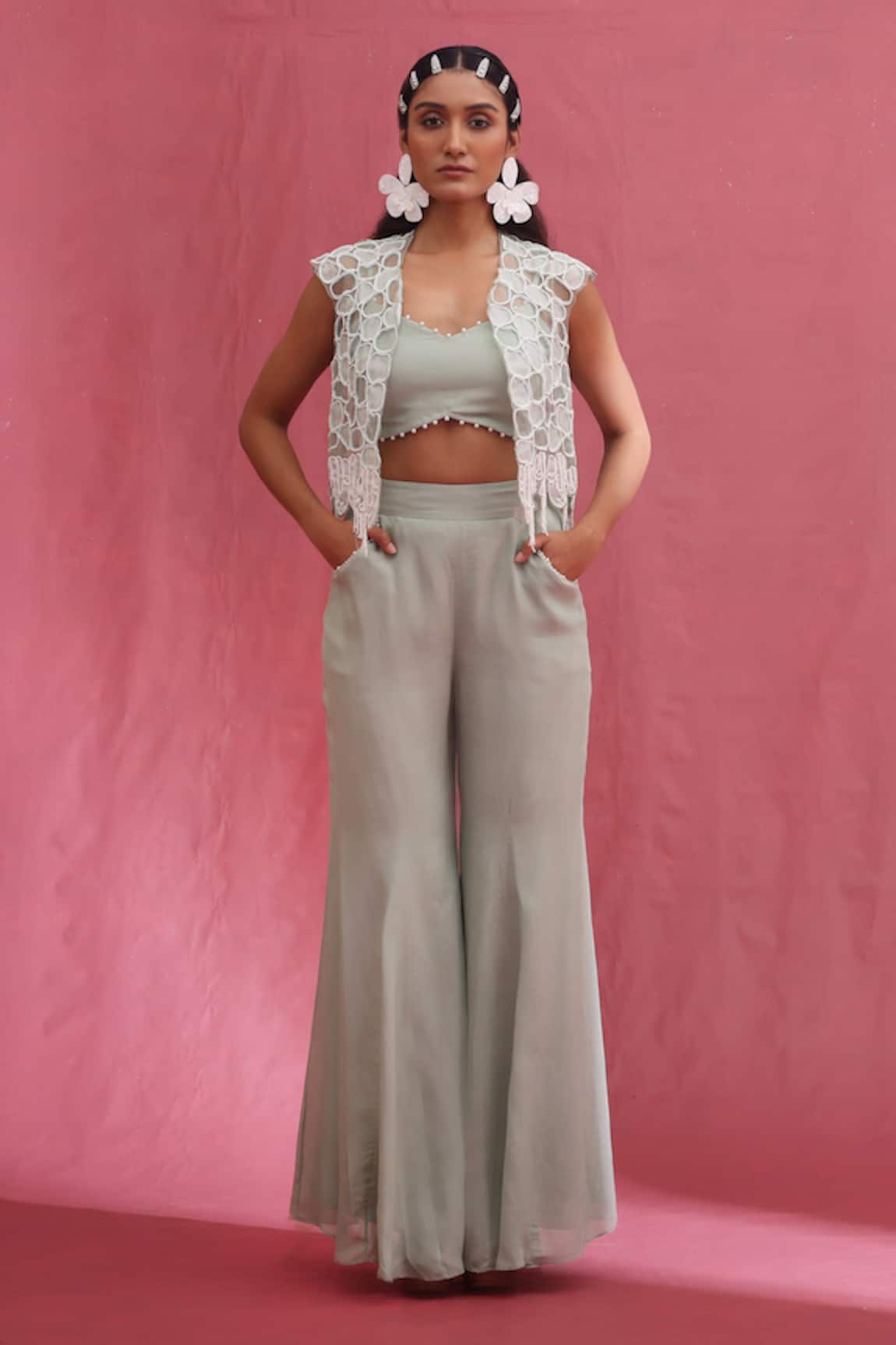 URMIL Mint Organza Cape Bustier Pant Set 