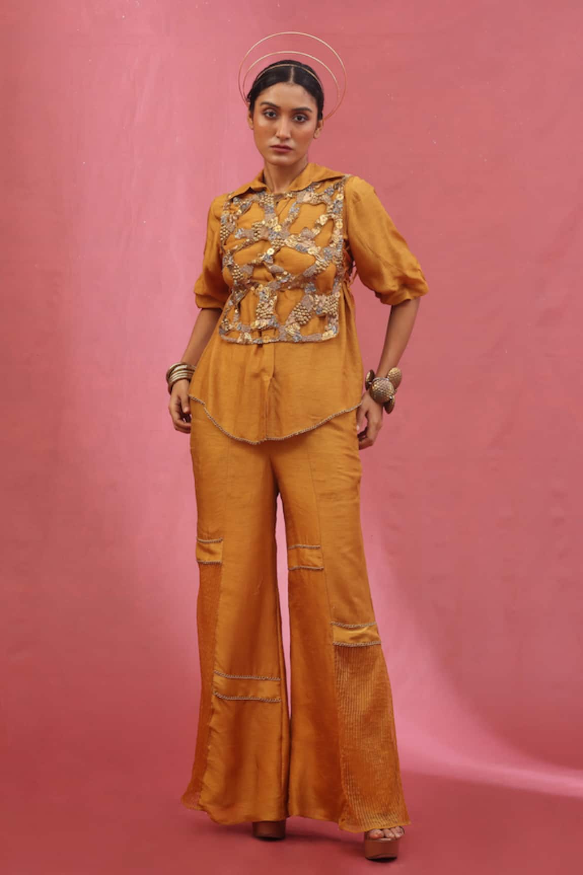 URMIL Gold Organza Embroidered Pant Set 