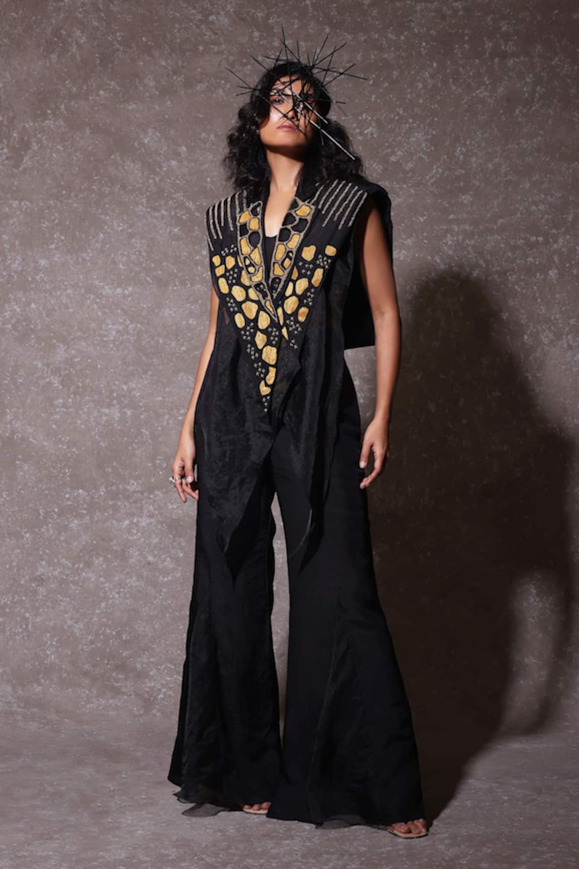 URMIL Black Silk Organza Cape Pant Set 