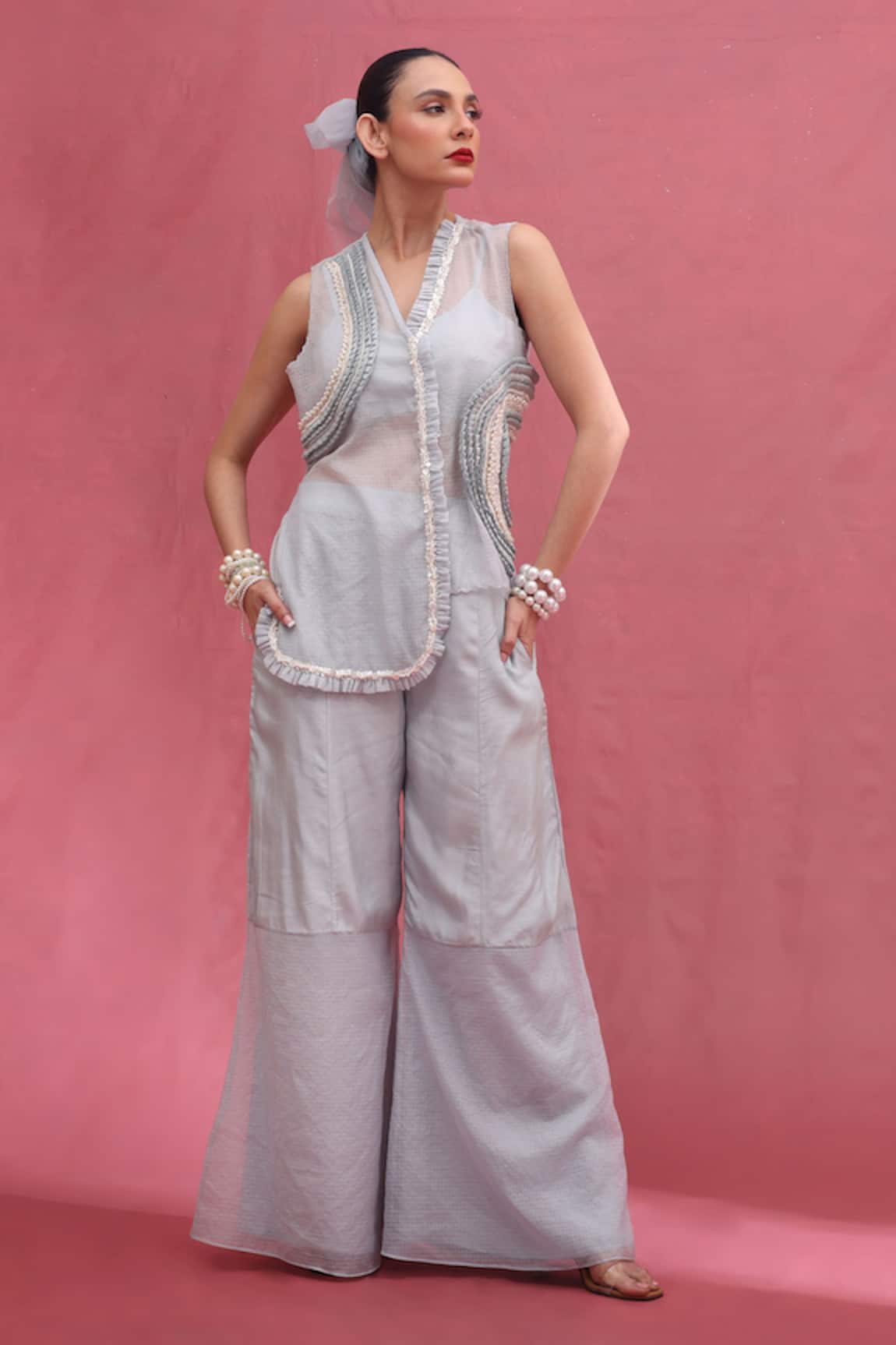 URMIL Ice Blue Chanderi Silk Jacket Set 