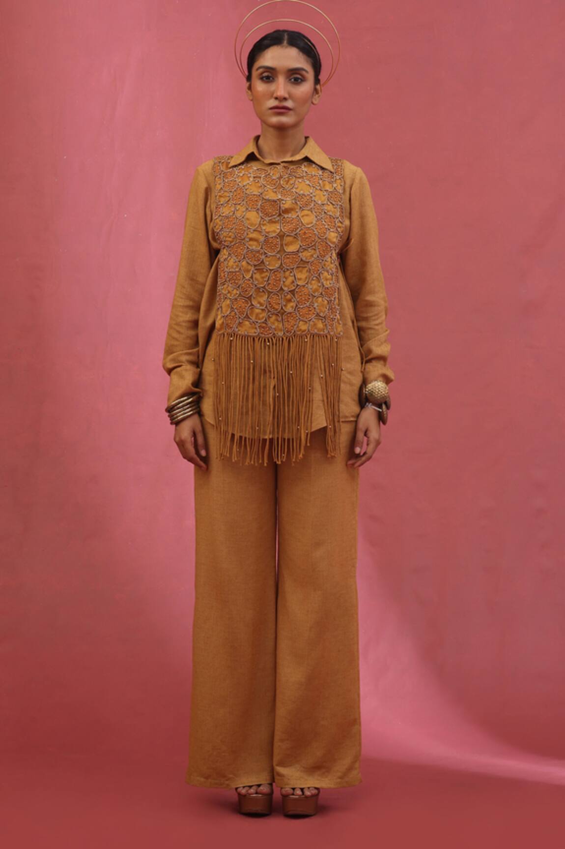 URMIL Gold Organza Jacket Pant Set 