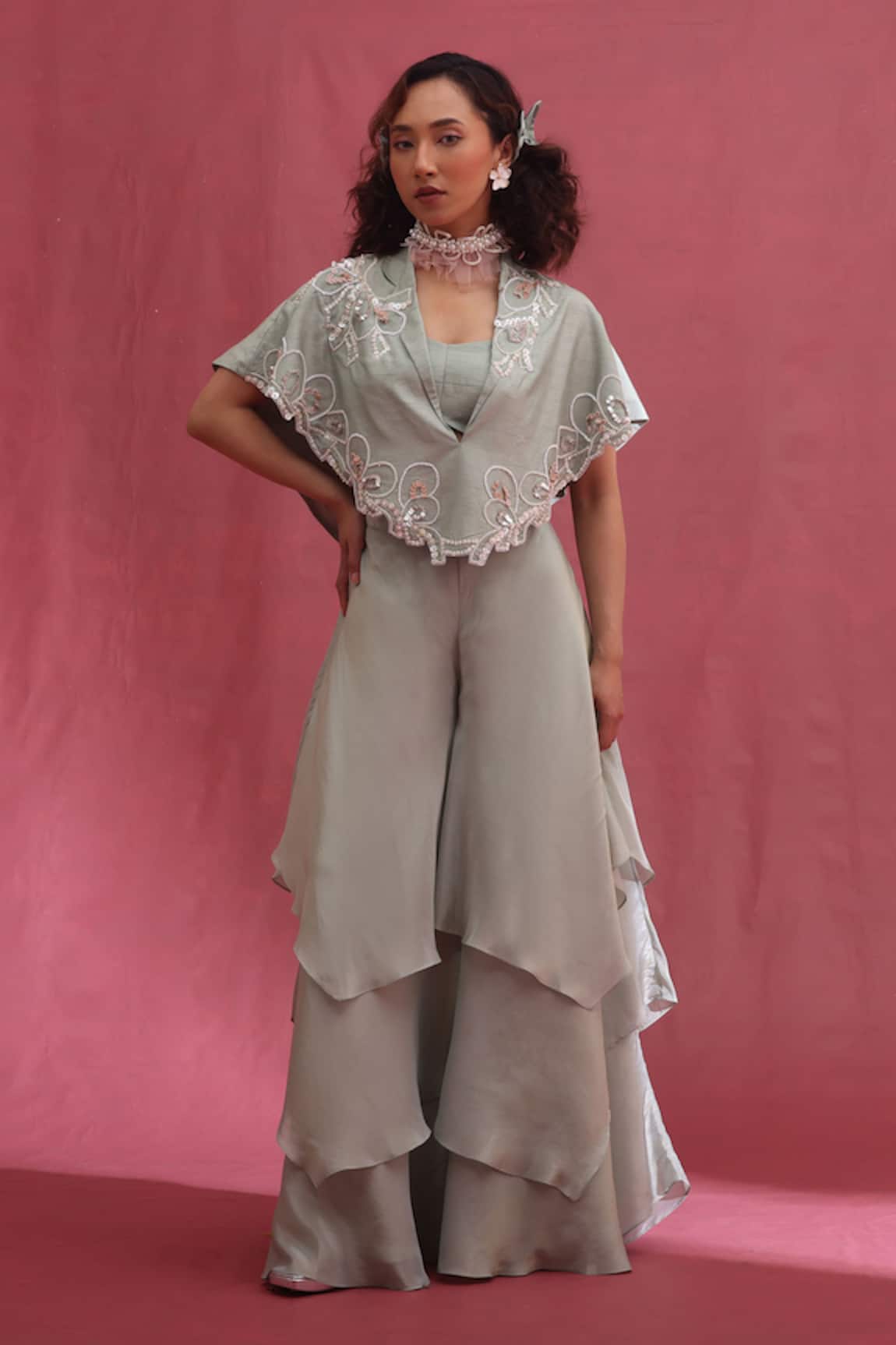 URMIL Mint Silk Cape Bustier Pant Set 