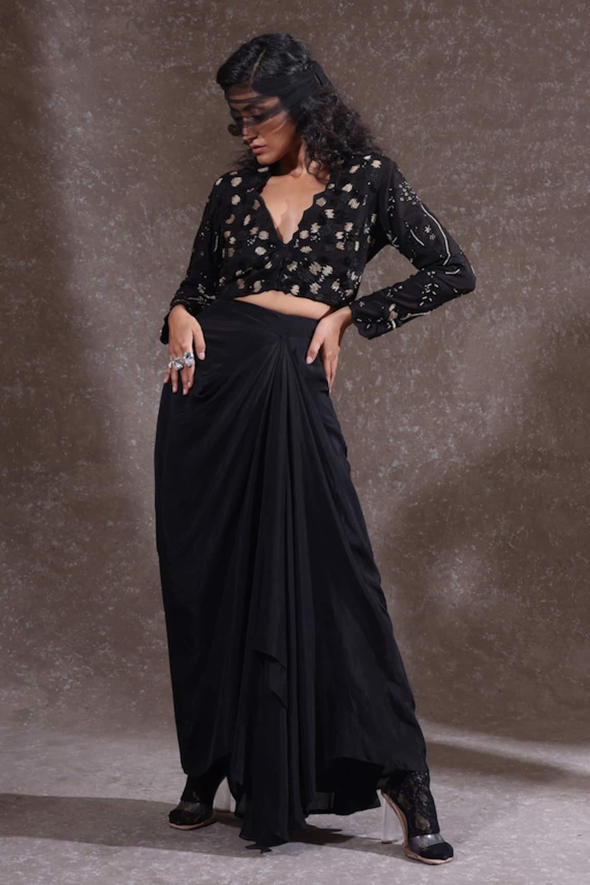 URMIL Black Embroidered Jacket & Skirt Set 