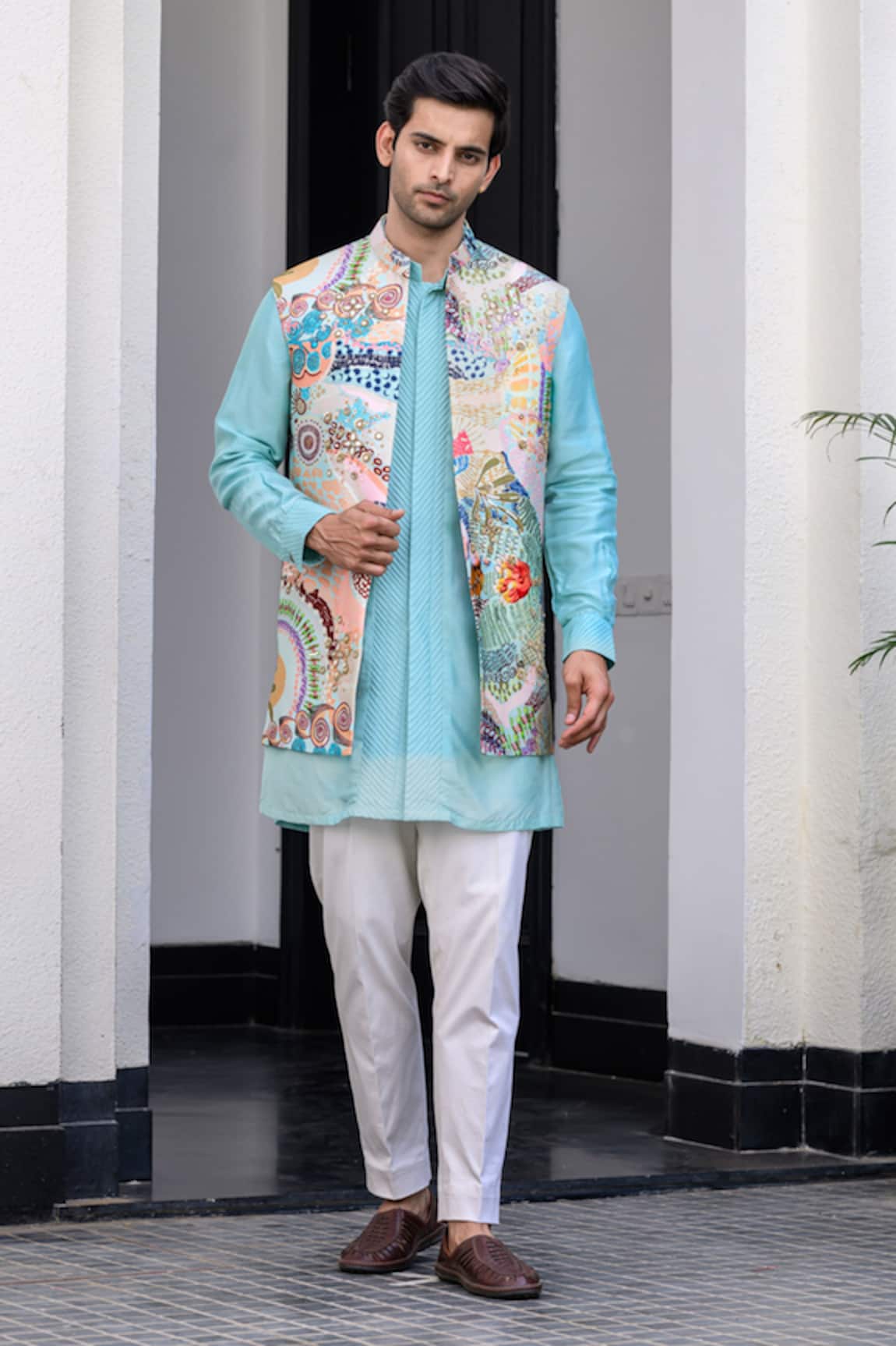 JUHI BENGANI Sky Blue Designer Nehru Jacket Set 