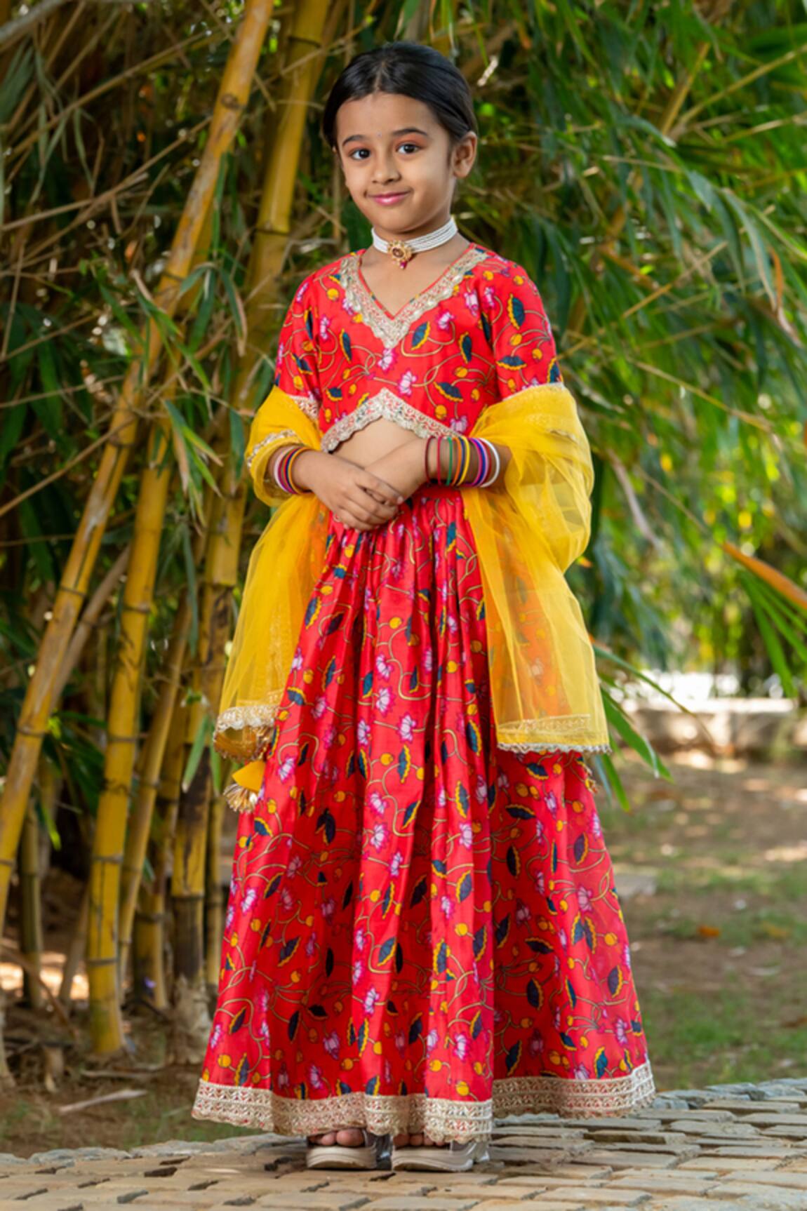 YUVRAANI JAIPUR Cherry Red Chanderi Floral Lehenga Set 