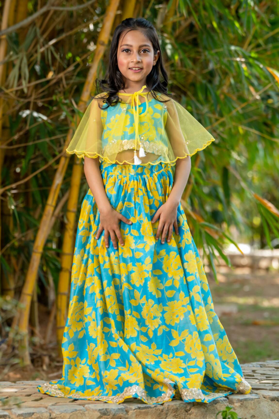 YUVRAANI JAIPUR Neon Blue & Yellow Lehenga with Cape 