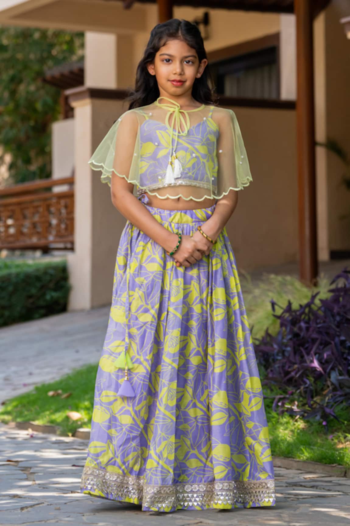 YUVRAANI JAIPUR Grey & Neon Yellow Lehenga with Cape 
