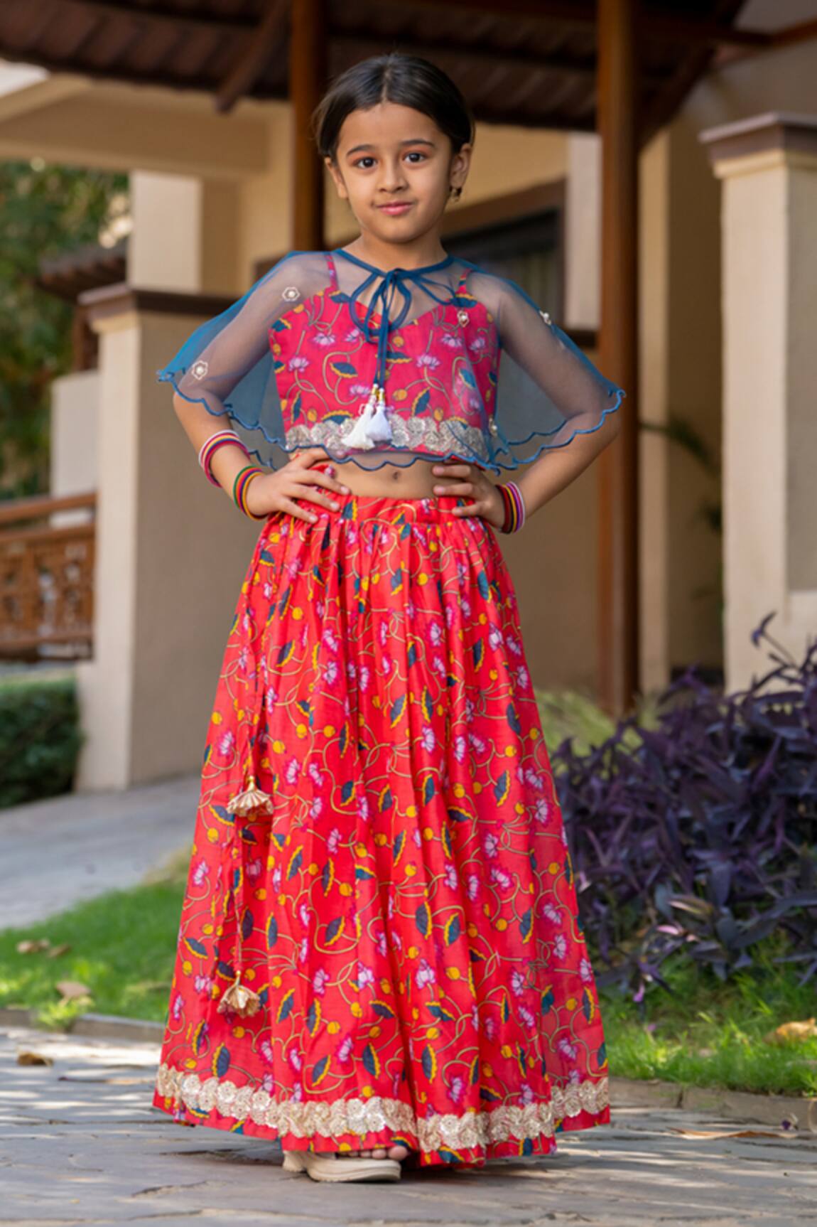 YUVRAANI JAIPUR Cherry Red Printed Lehenga with Cape 