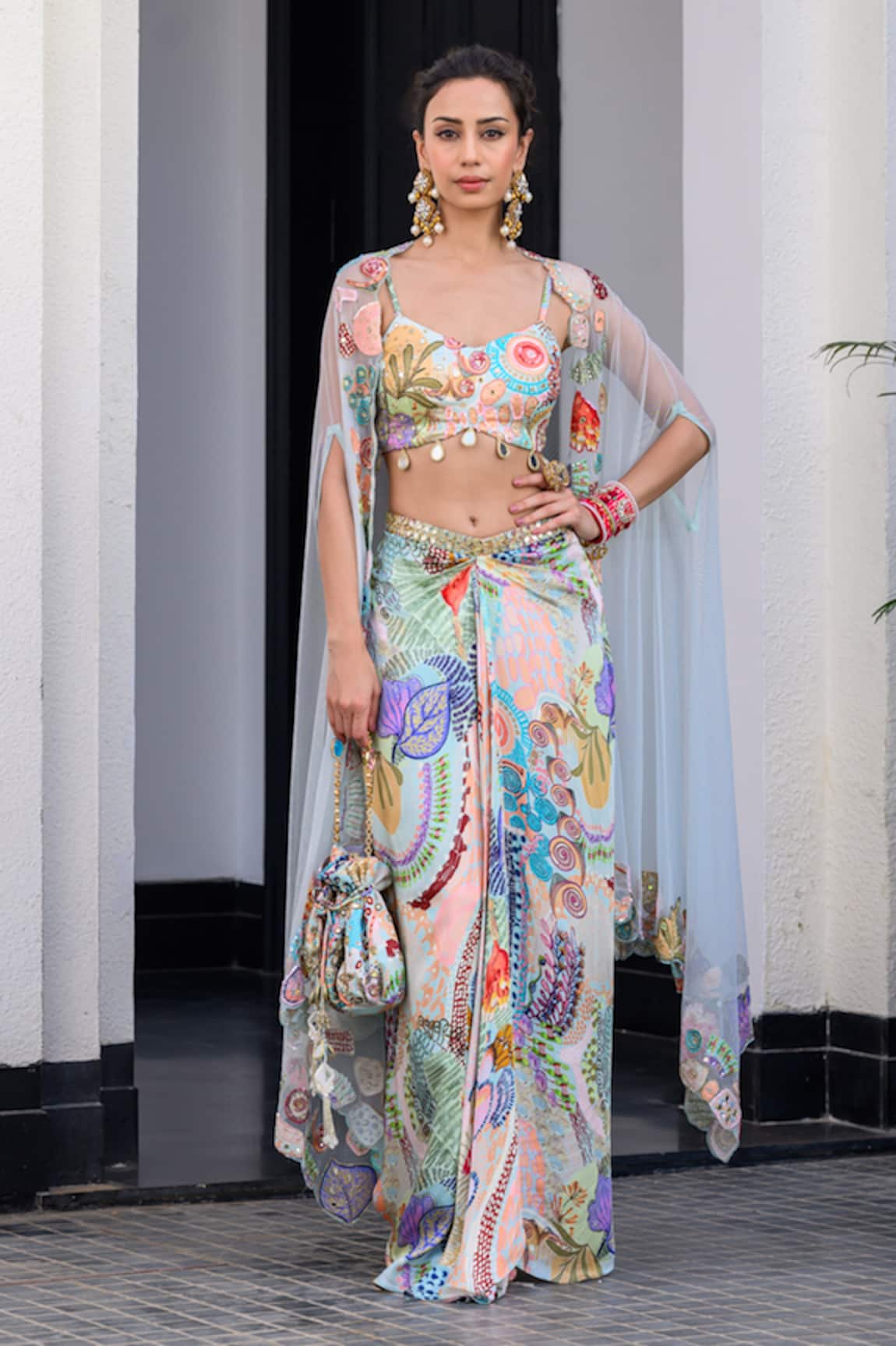 JUHI BENGANI Multi Colour Printed Cape Set 