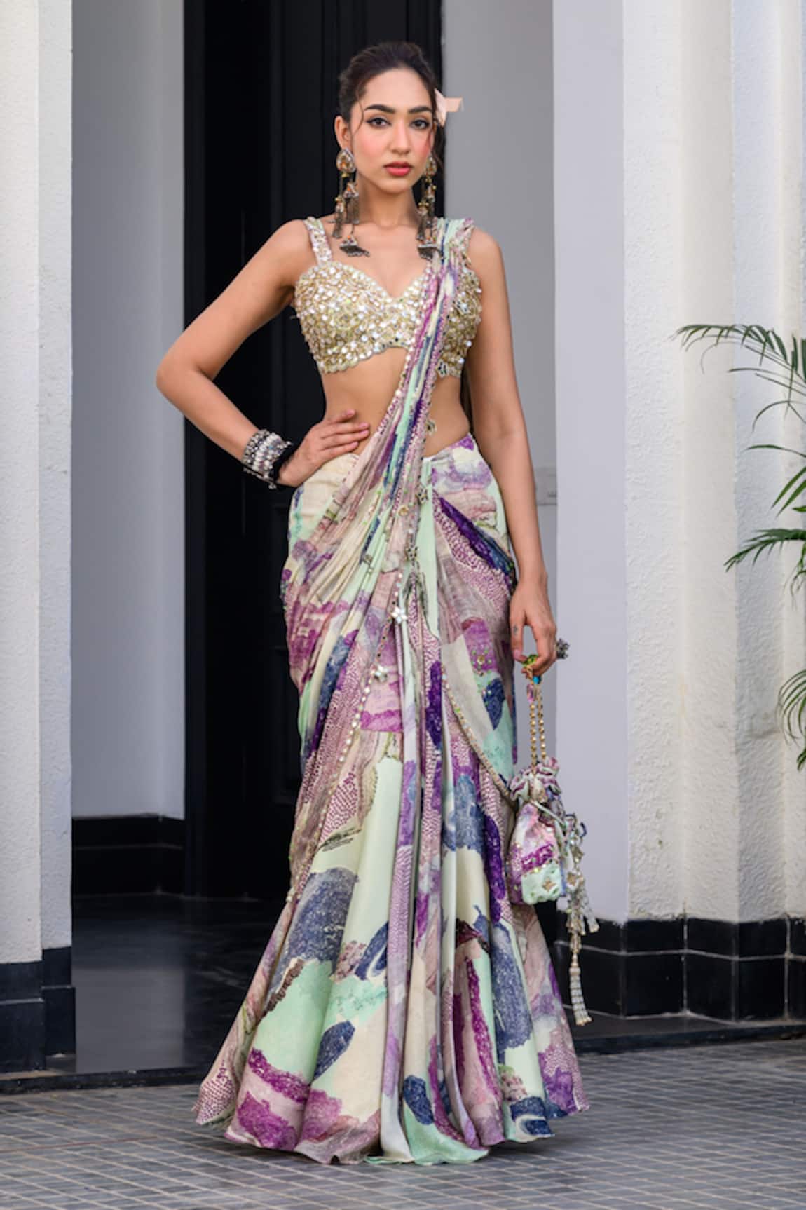 JUHI BENGANI Multi Color Pre-Draped Saree & Blouse Set 