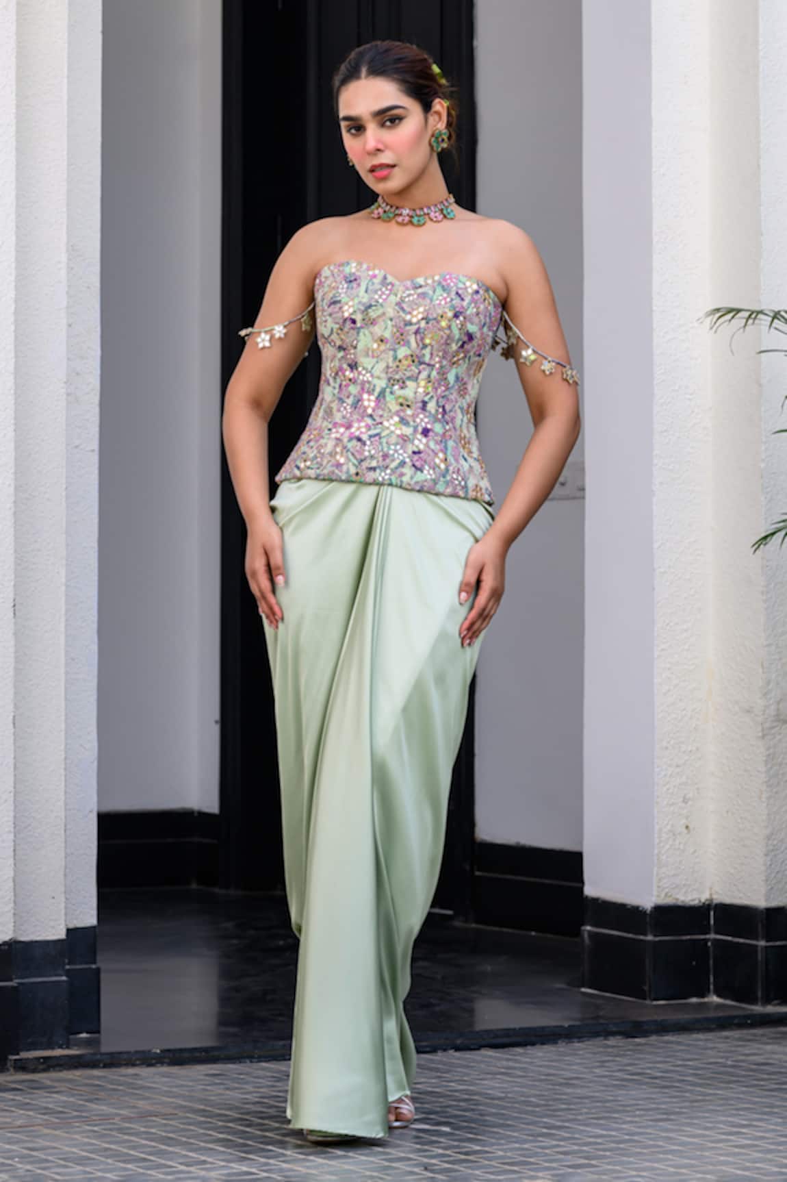 JUHI BENGANI Multi Colour Corset & Dhoti Skirt Set 