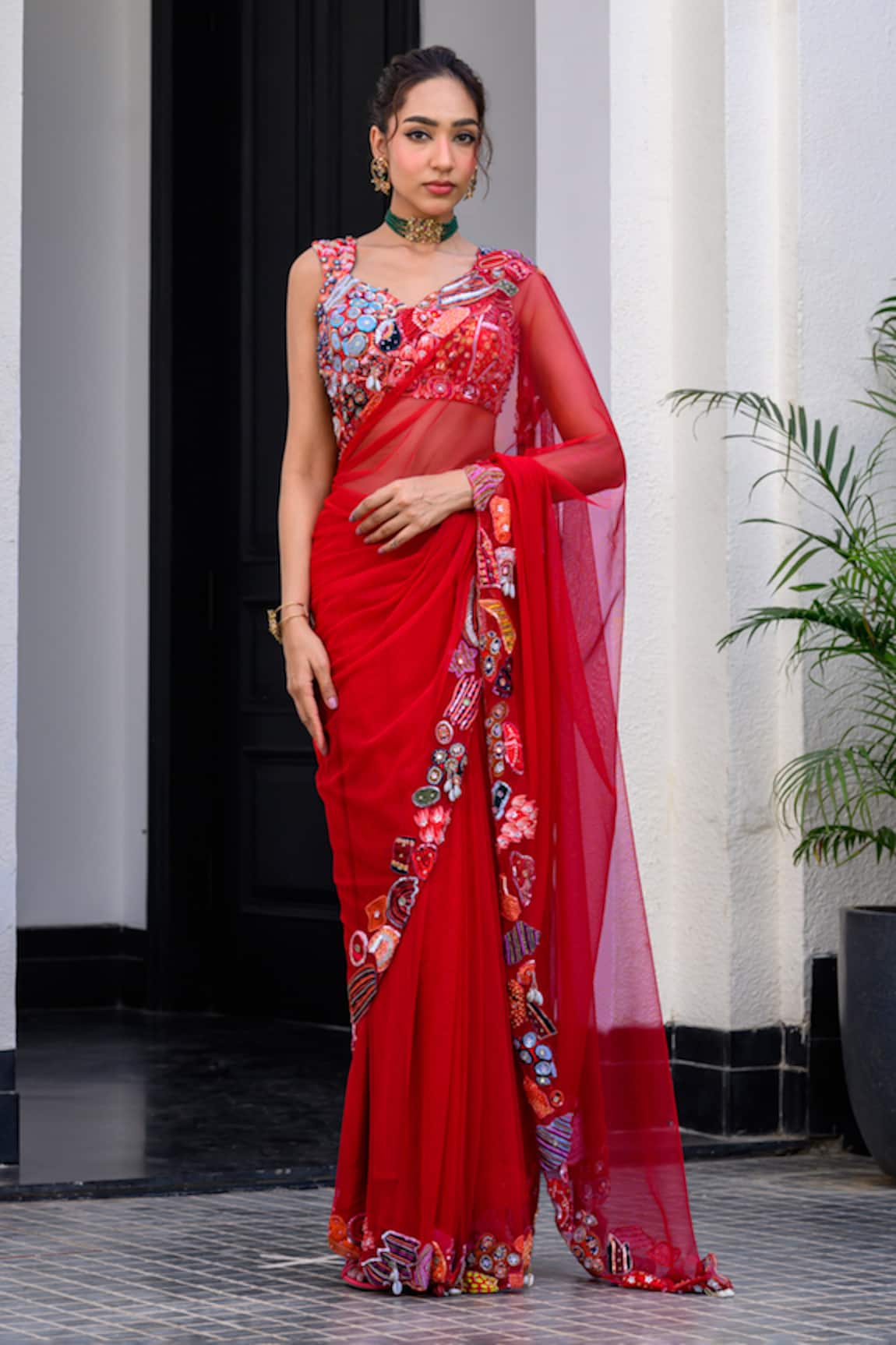 JUHI BENGANI Red Embroidered Pre-Draped Saree Set 
