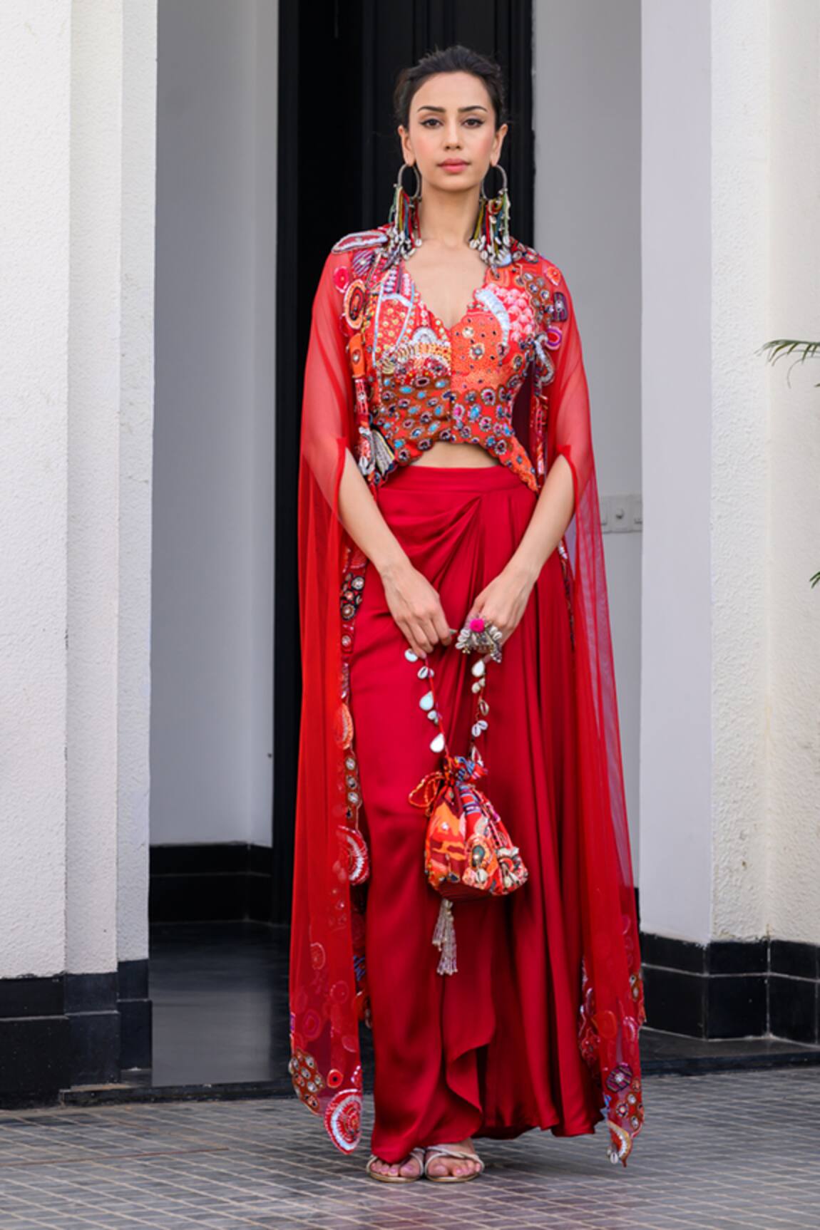 JUHI BENGANI Red Silk Satin Cape & Dhoti Skirt Set 