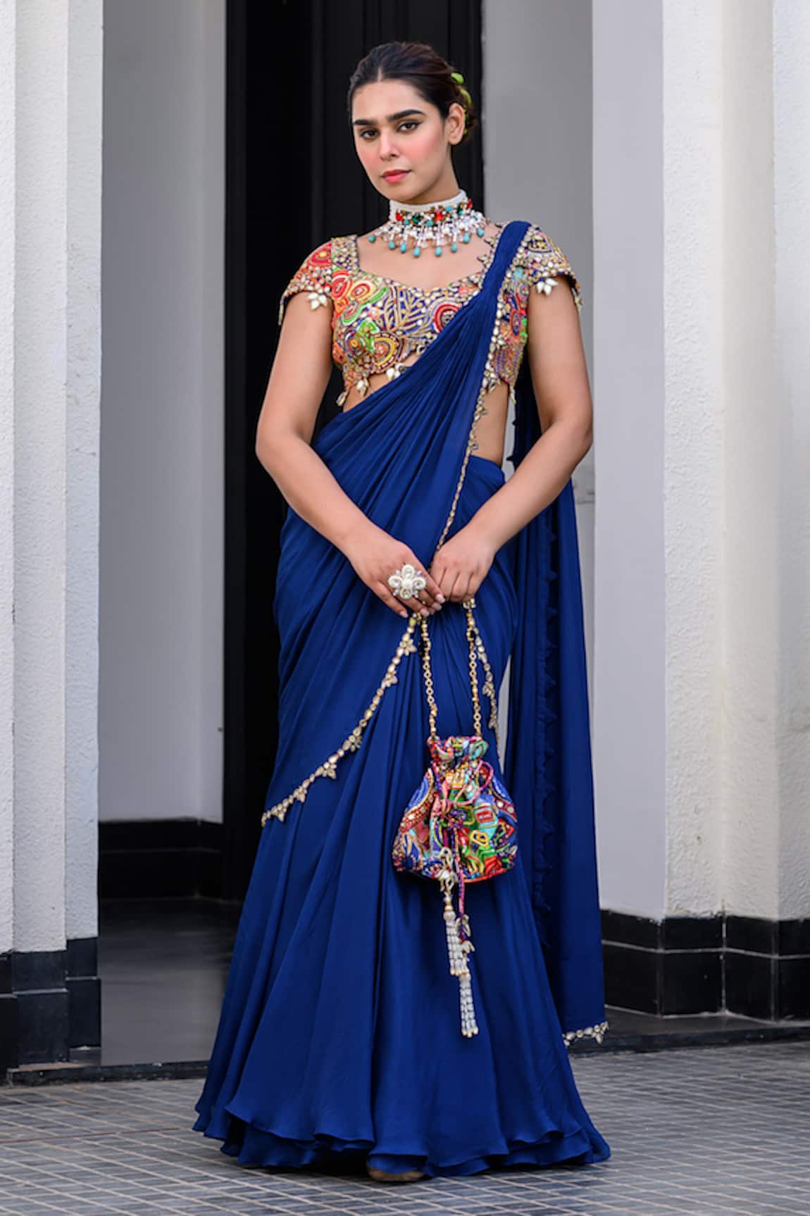 JUHI BENGANI Dark Blue Pre-Draped Saree Set 
