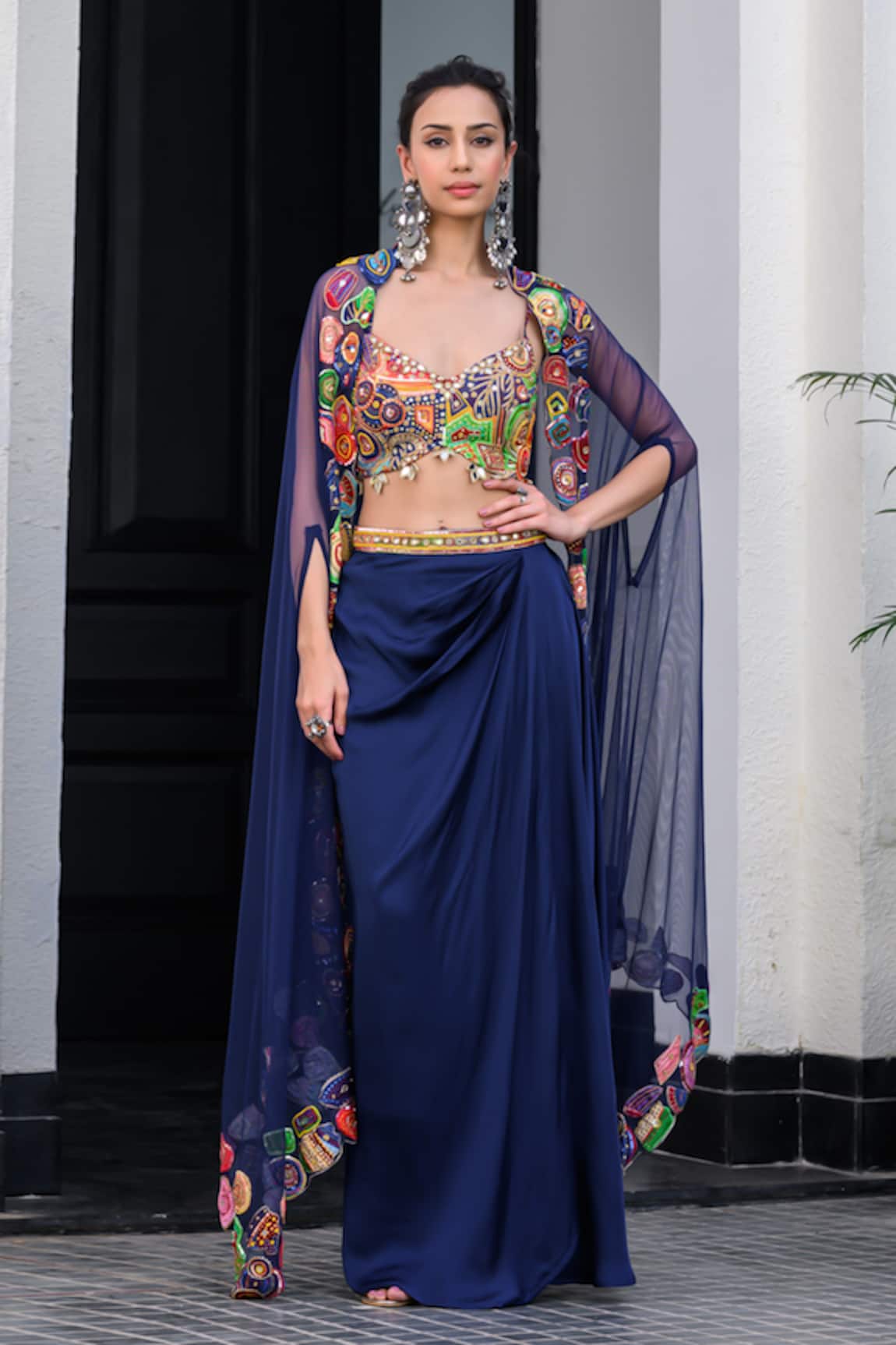 JUHI BENGANI Dark Blue Designer Cape & Dhoti Skirt Set 
