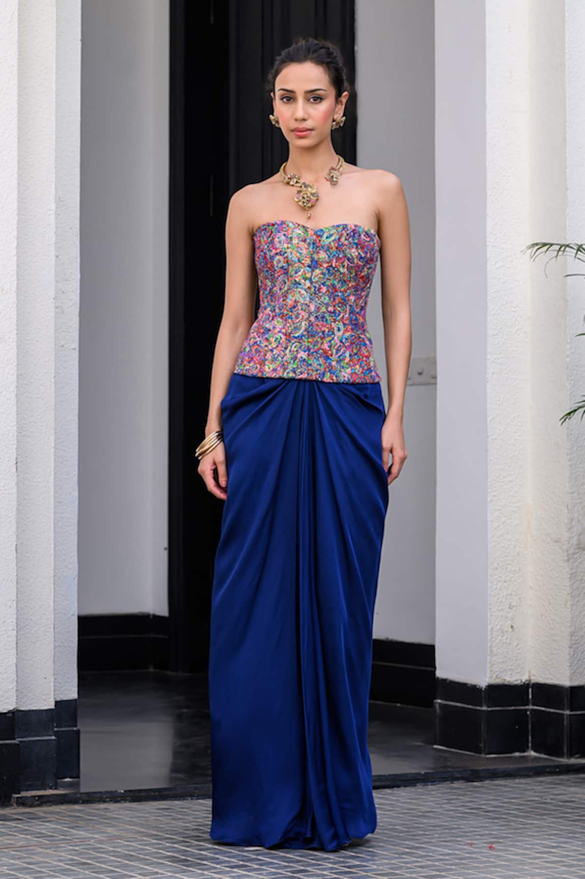 JUHI BENGANI Floral Corset & Draped Skirt Set 