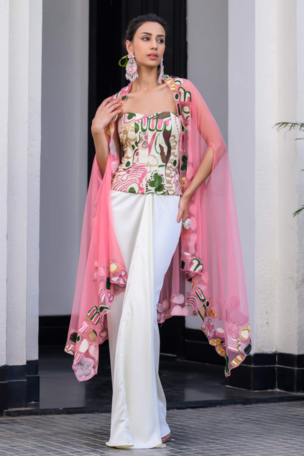 JUHI BENGANI Multi Colour Cape Corset & Skirt Set 