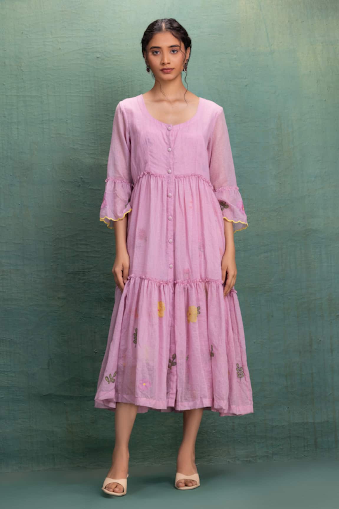 Kahani Lush Pink Machine Embroidery Midi Dress 