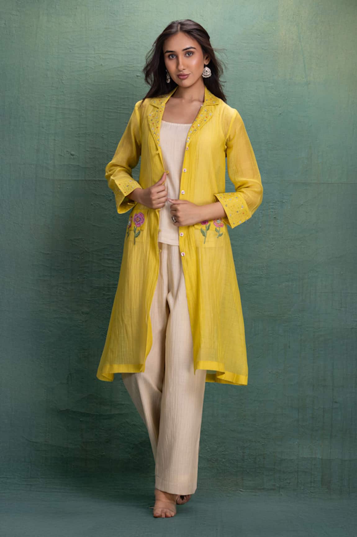 Kahani Lush Yellow Chanderi Shrug Set with Embroidery 
