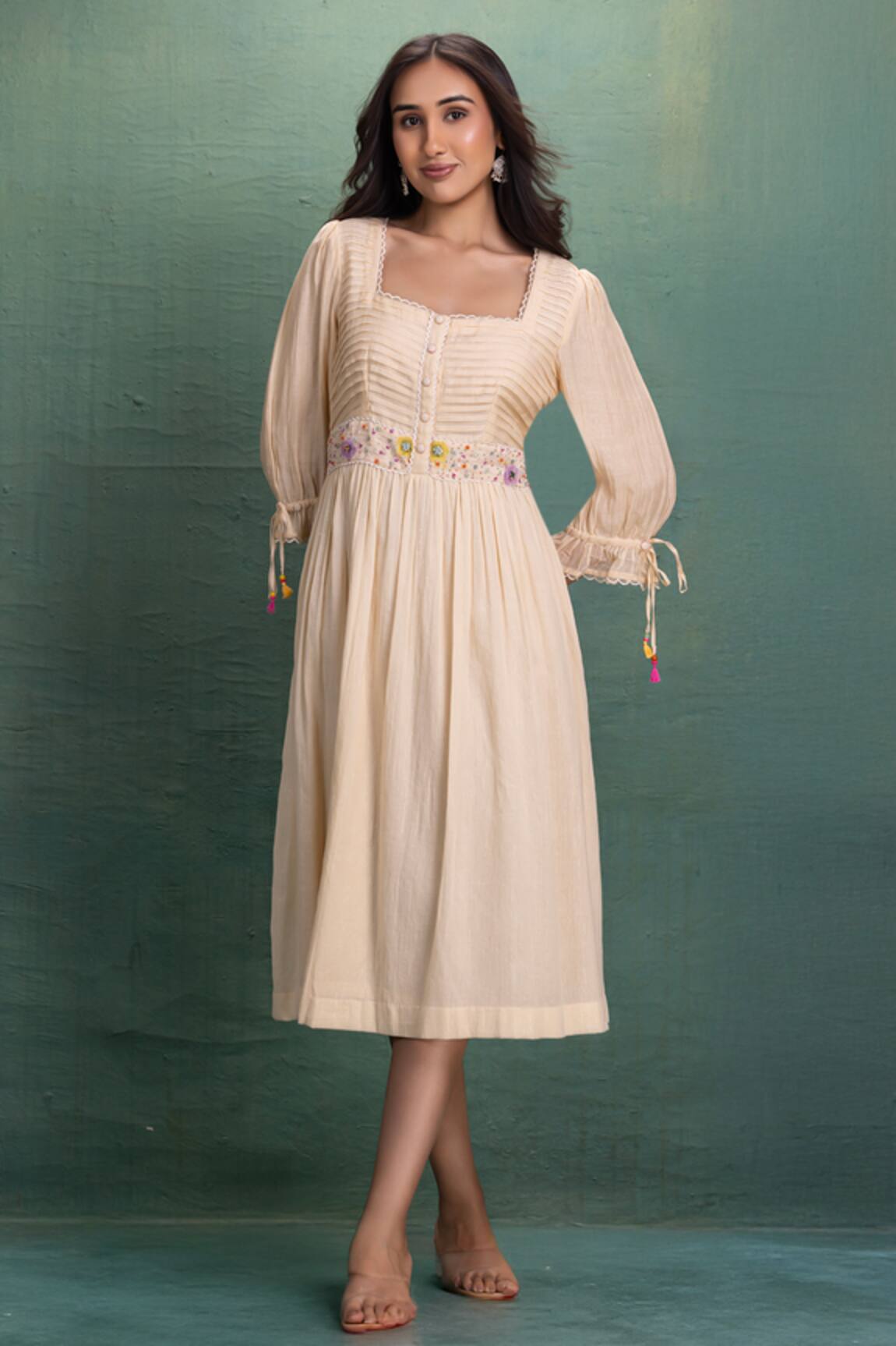 Kahani Lush Cream Hand Embroidery Midi Dress 