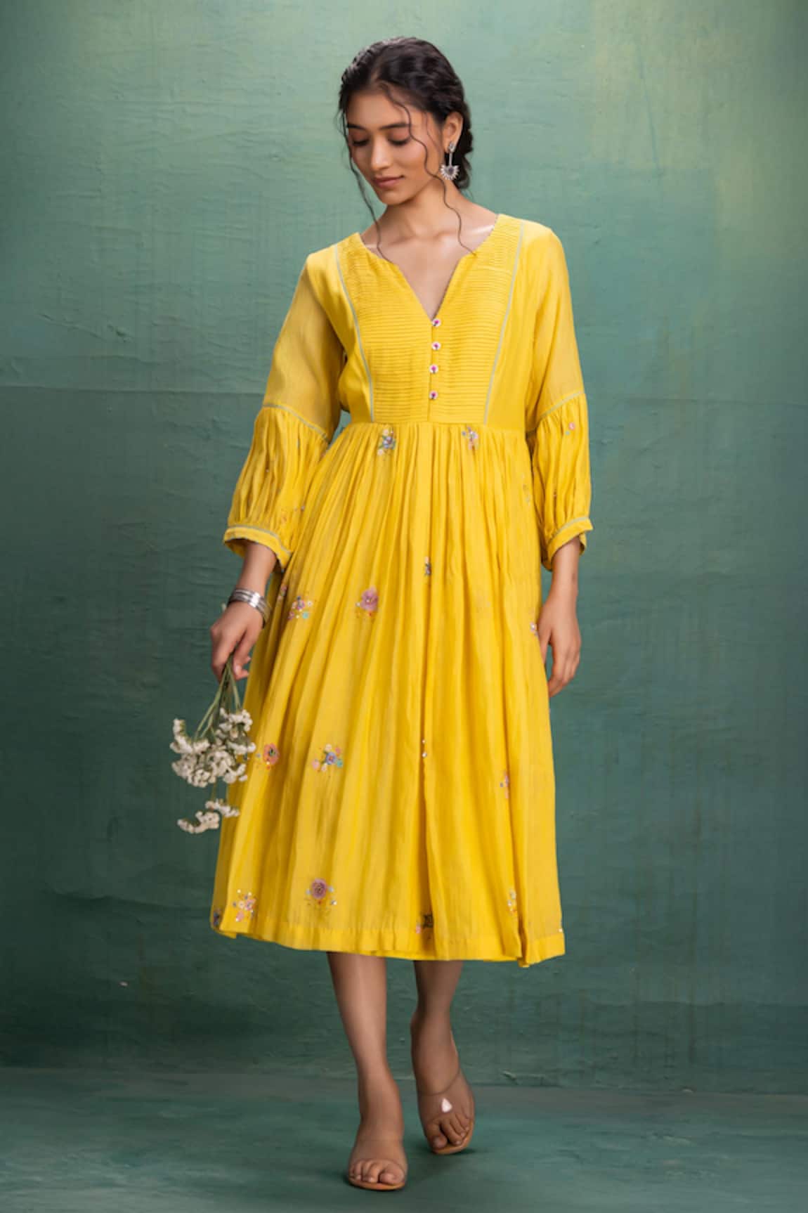 Kahani Lush Yellow Hand Embroidered Midi Dress 