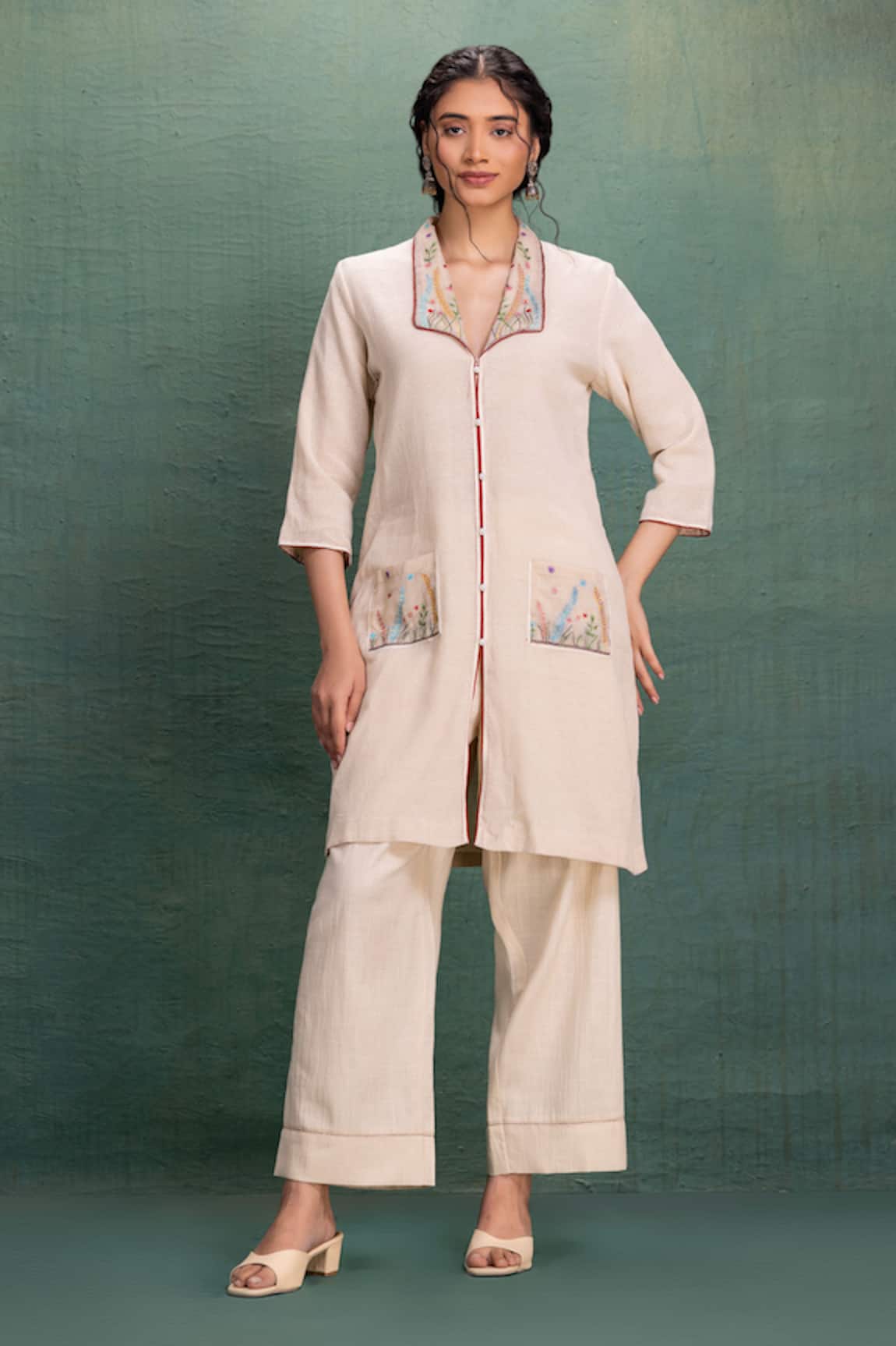 Kahani Lush Beige Mesh Embroidered Kurta Pant Set 