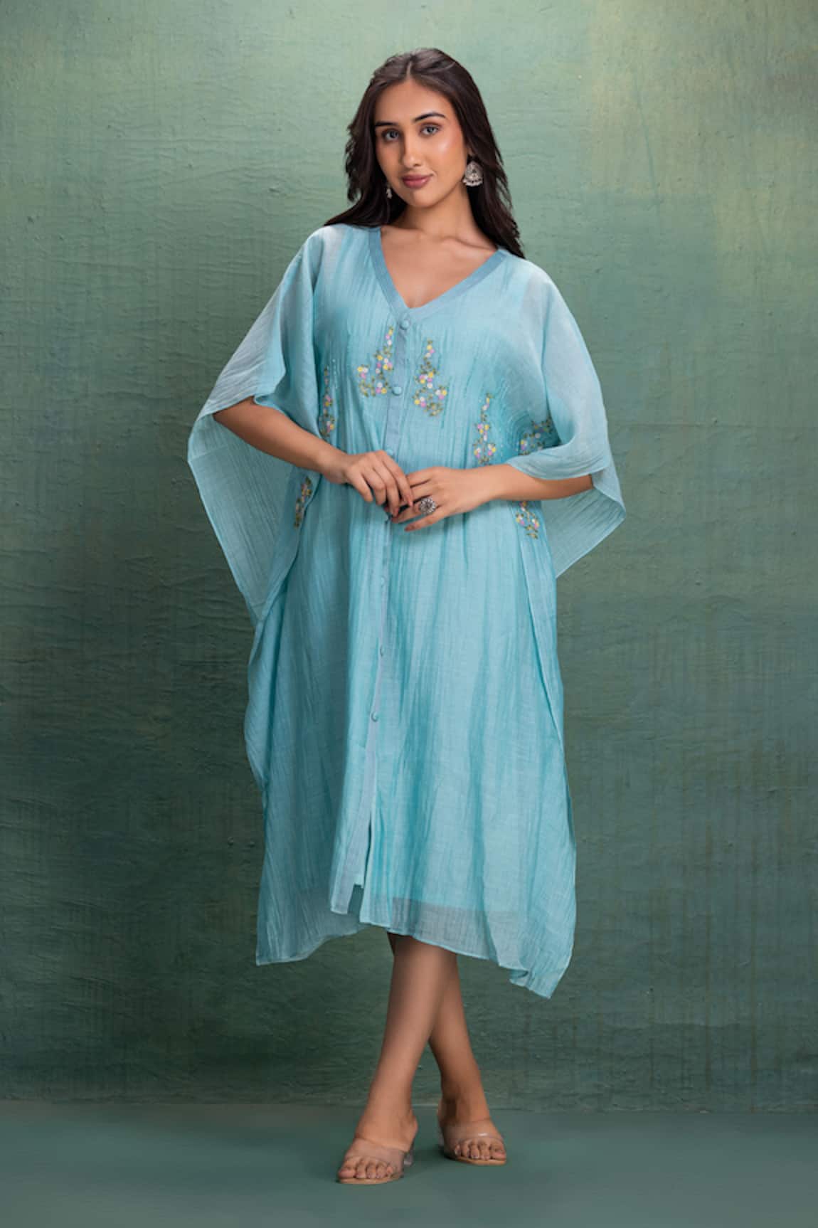 Kahani Lush Blue Chanderi Kaftan Dress 