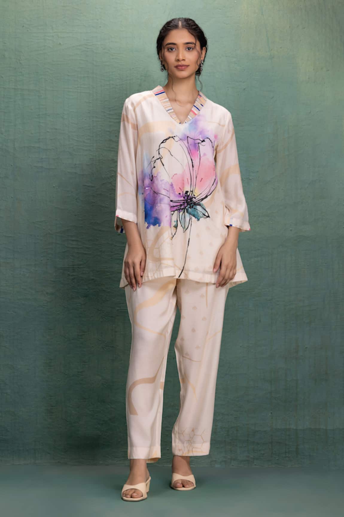 Kahani Lush Digital Print Beige Pant Set 