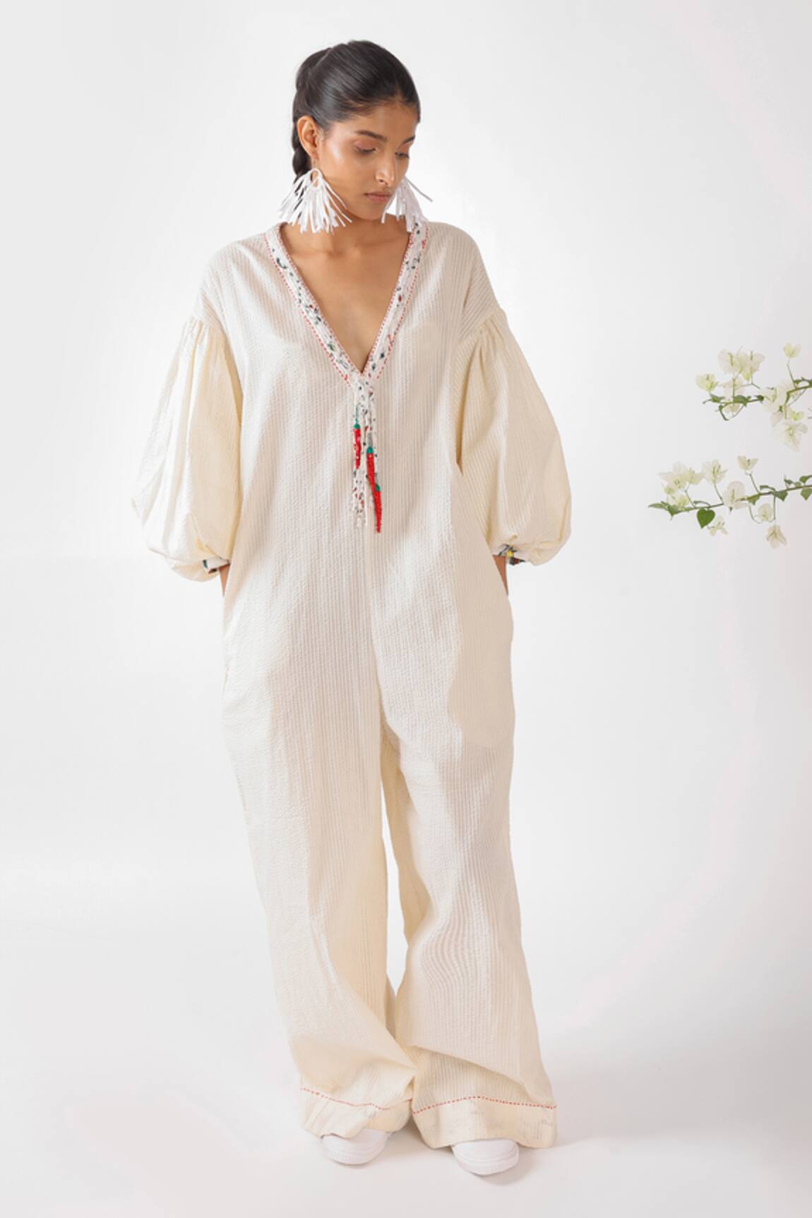 Nikasha Chilly Embroidered Cotton Seersucker Jumpsuit 