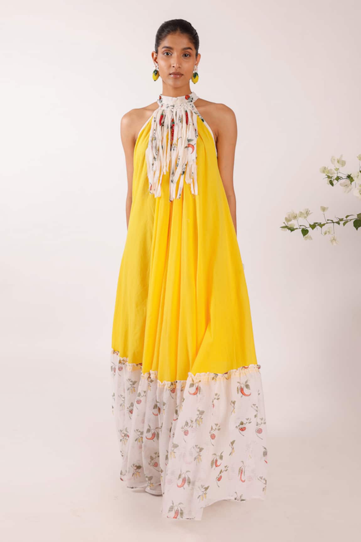 Nikasha Yellow Maxi Dress with Floral Hem 