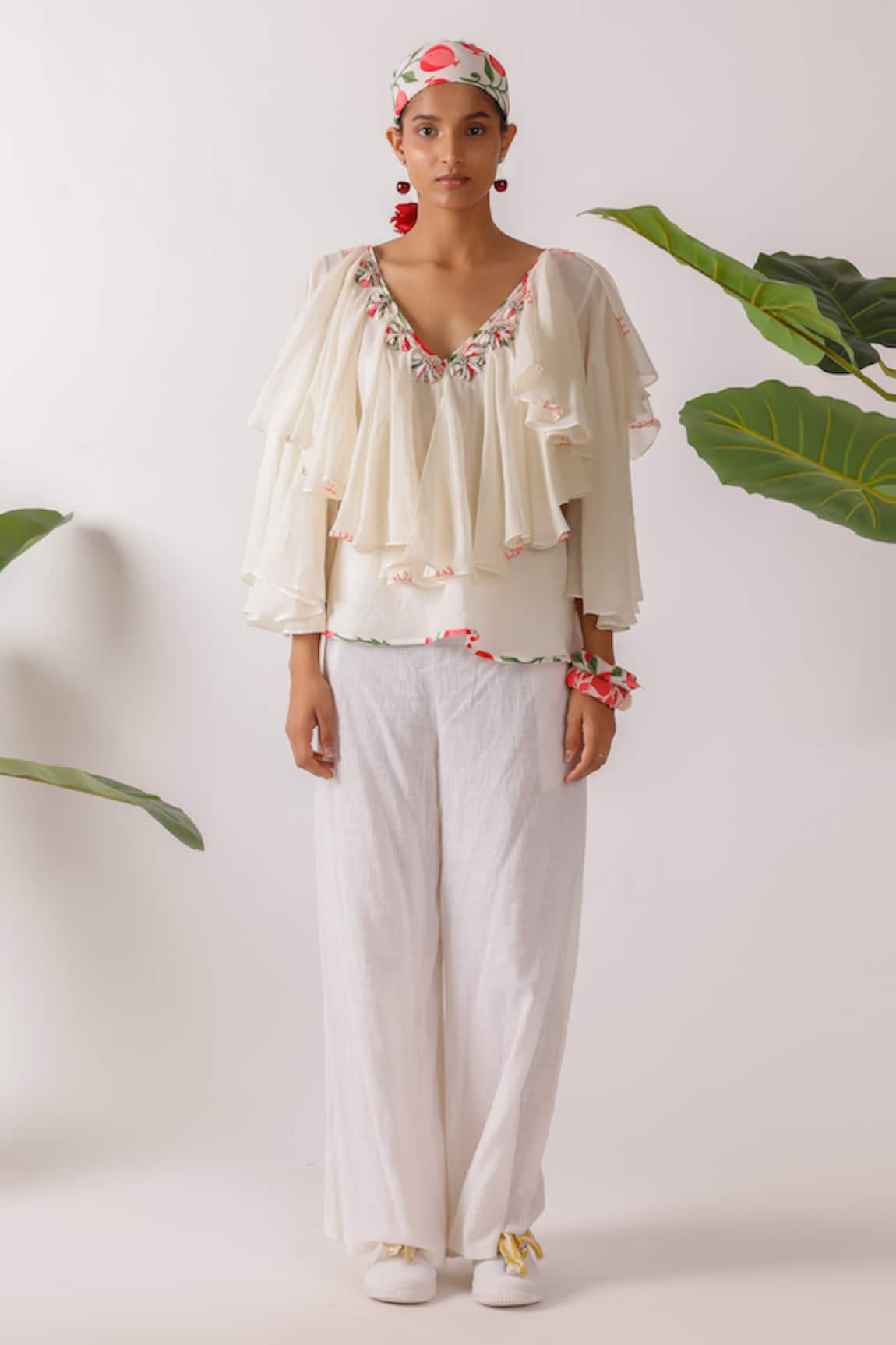 Nikasha Ivory Ruffle Top with Ribbon Embroidery 