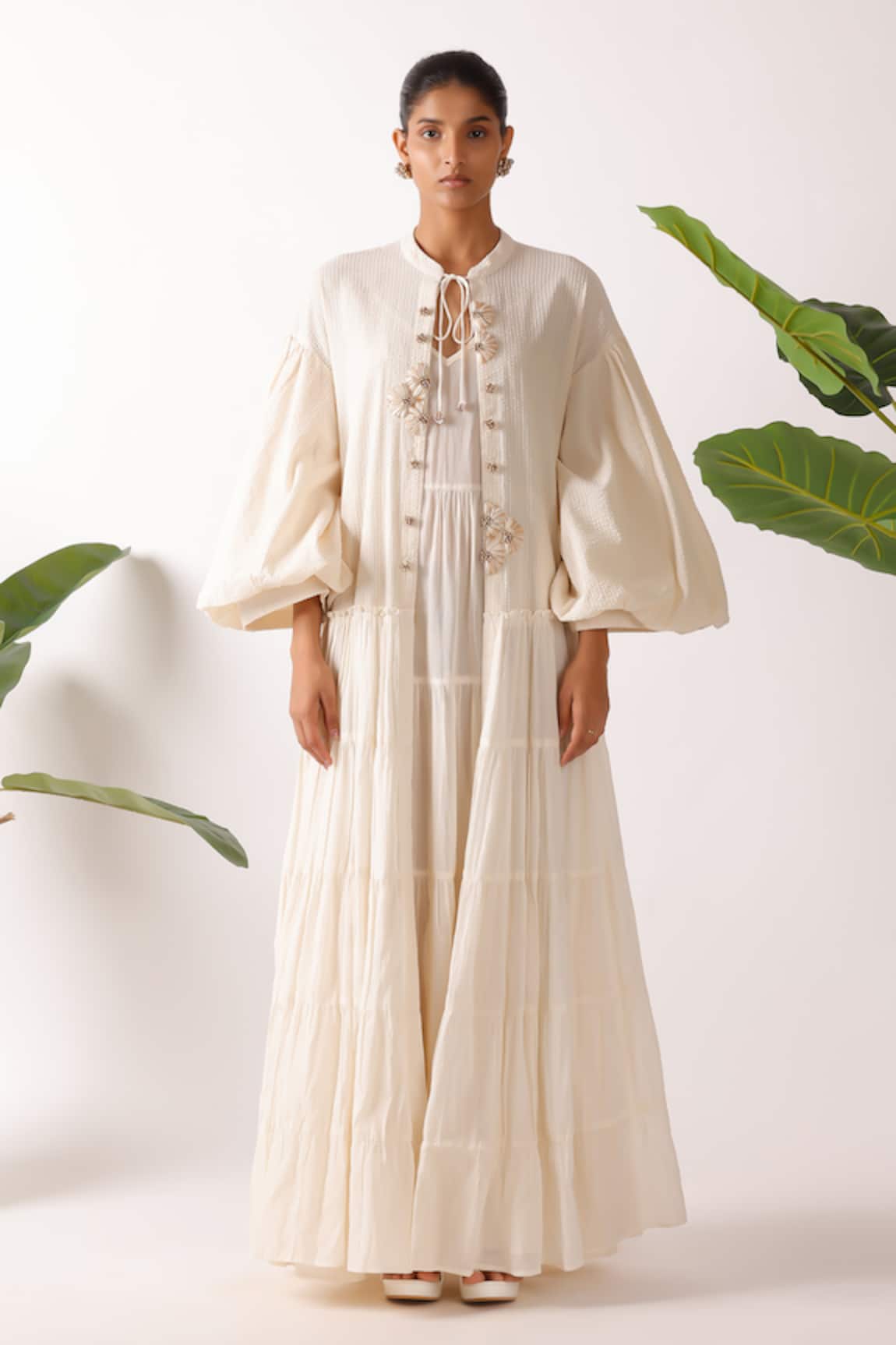 Nikasha Cream Cotton Seersucker Tiered Jacket 