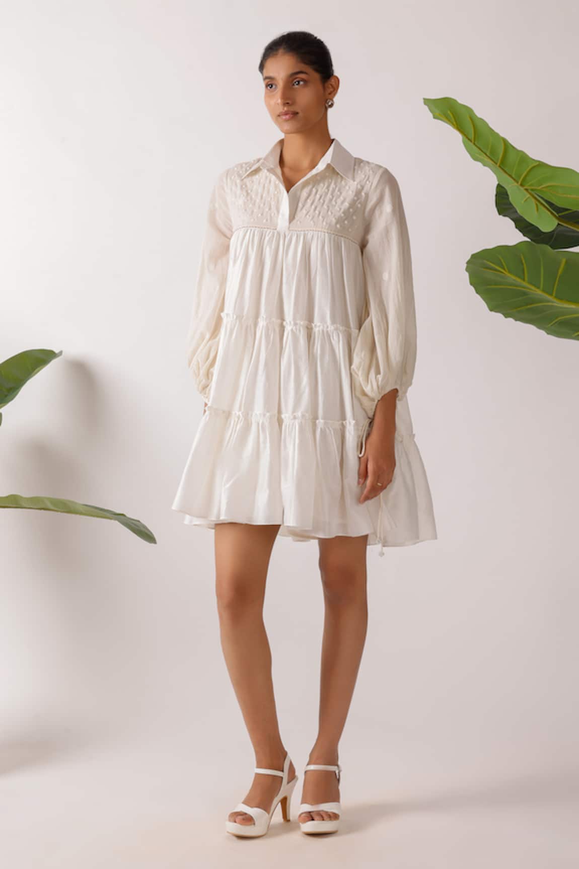 Nikasha Jamdani Embroidered Cream Dress 