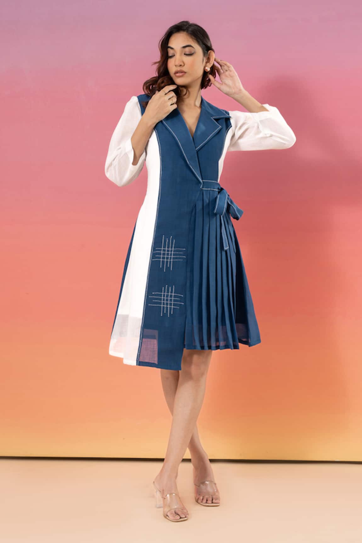 Savaaya Blue & White Linen Blend Designer Dress 