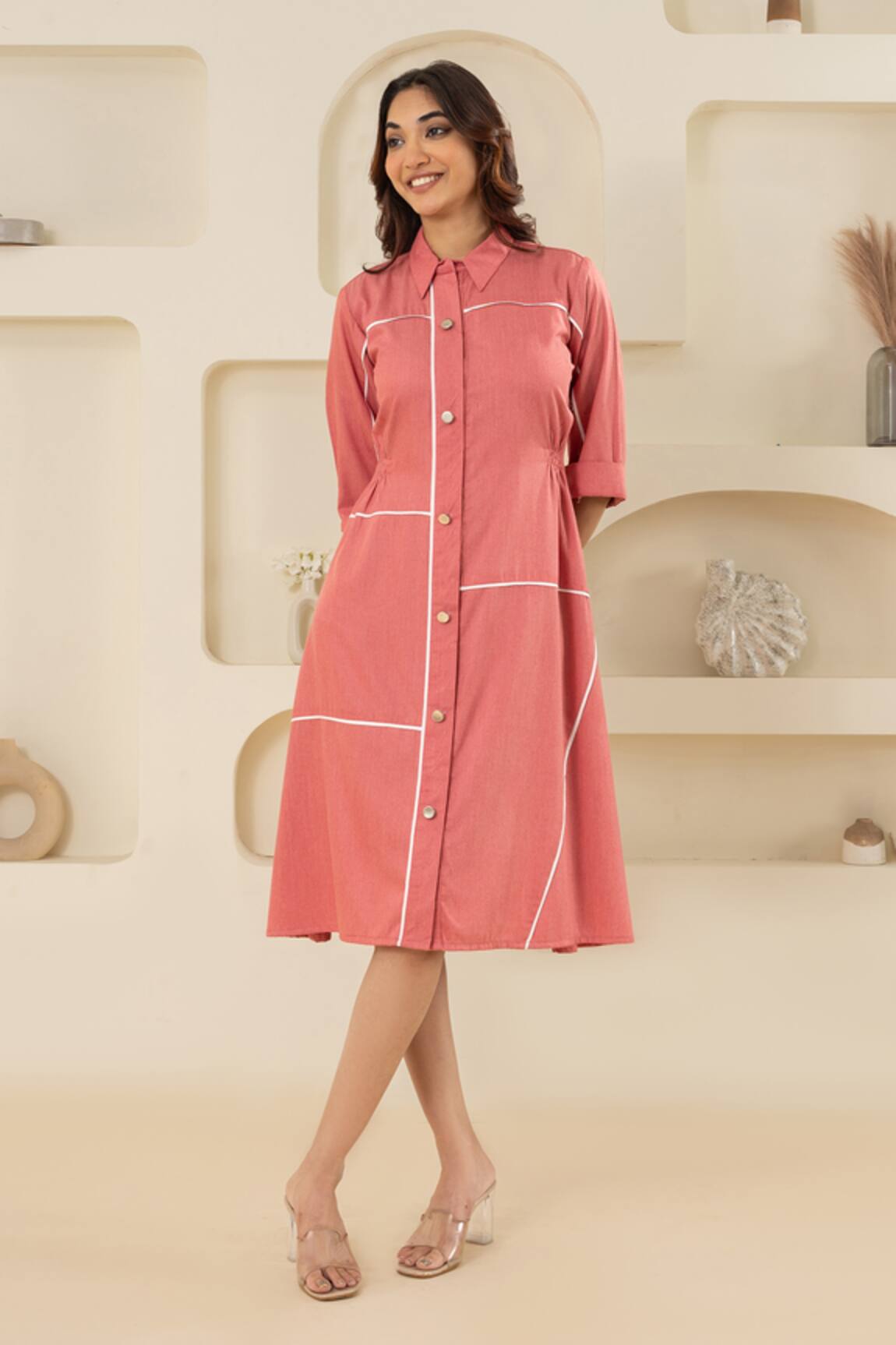 Savaaya Pink Cotton Denim Midi Dress 