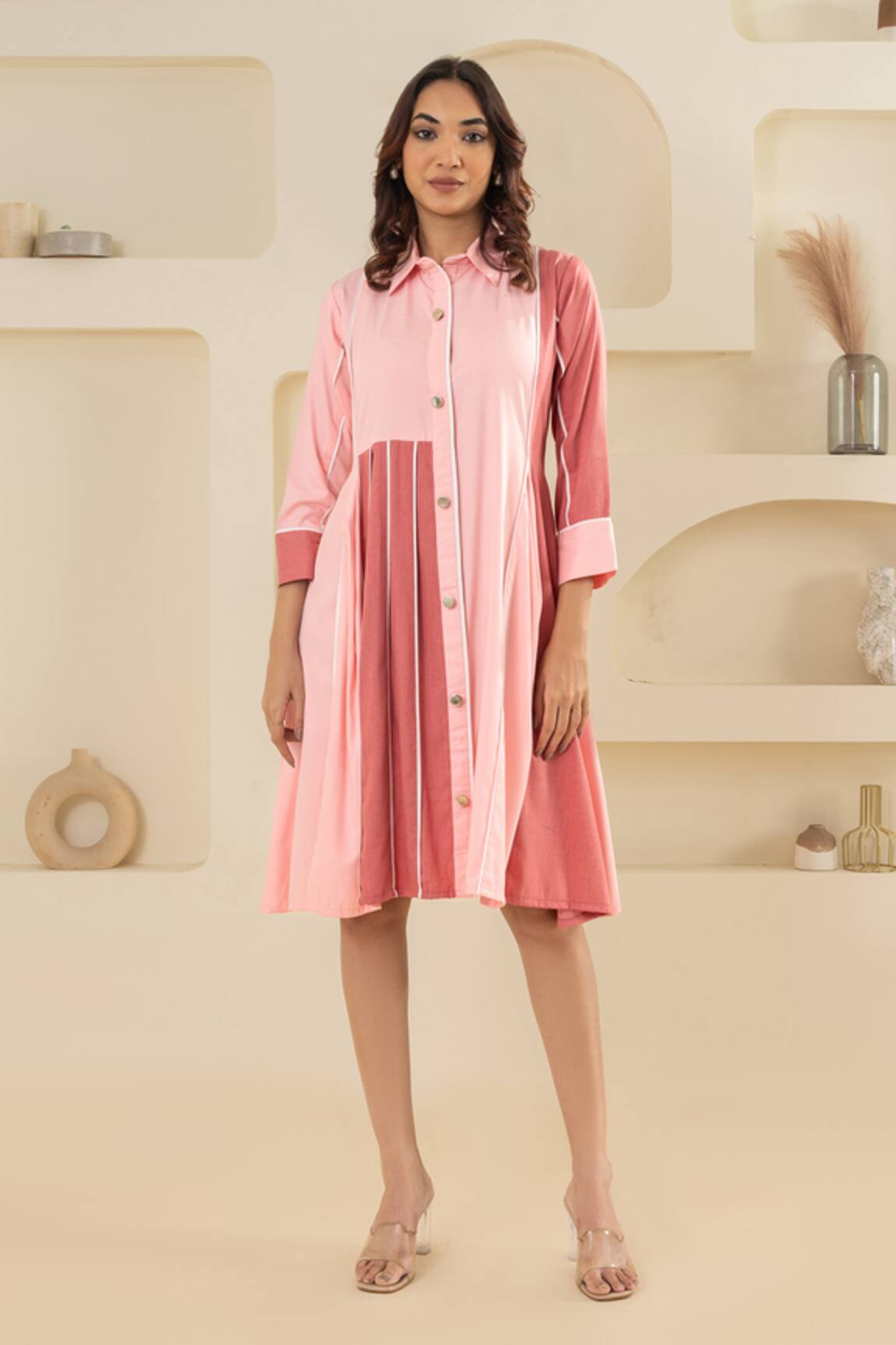Savaaya Light Pink & Dark Pink Cotton Denim Dress 