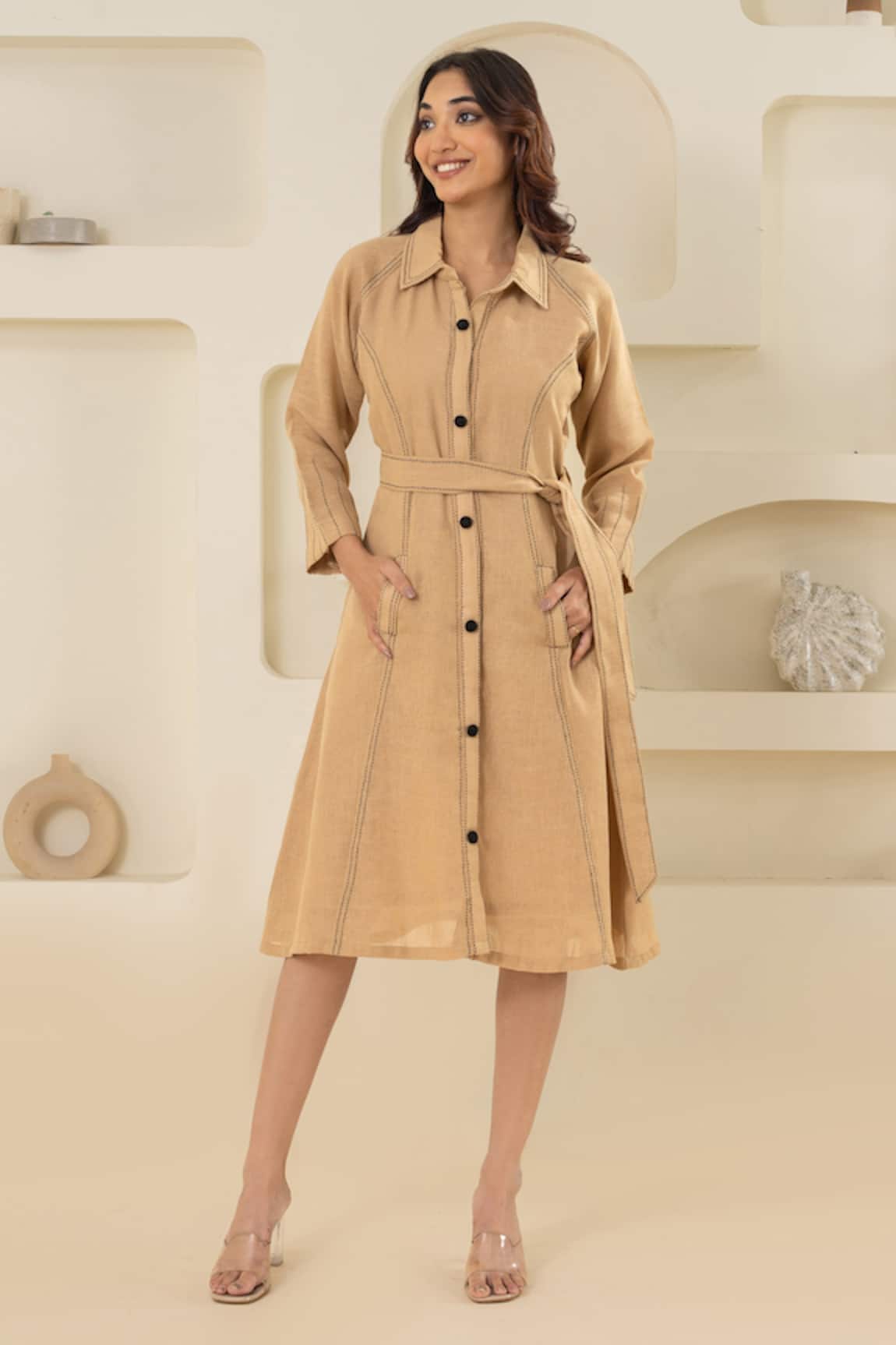 Savaaya Beige Linen Blend Midi Dress With Belt 