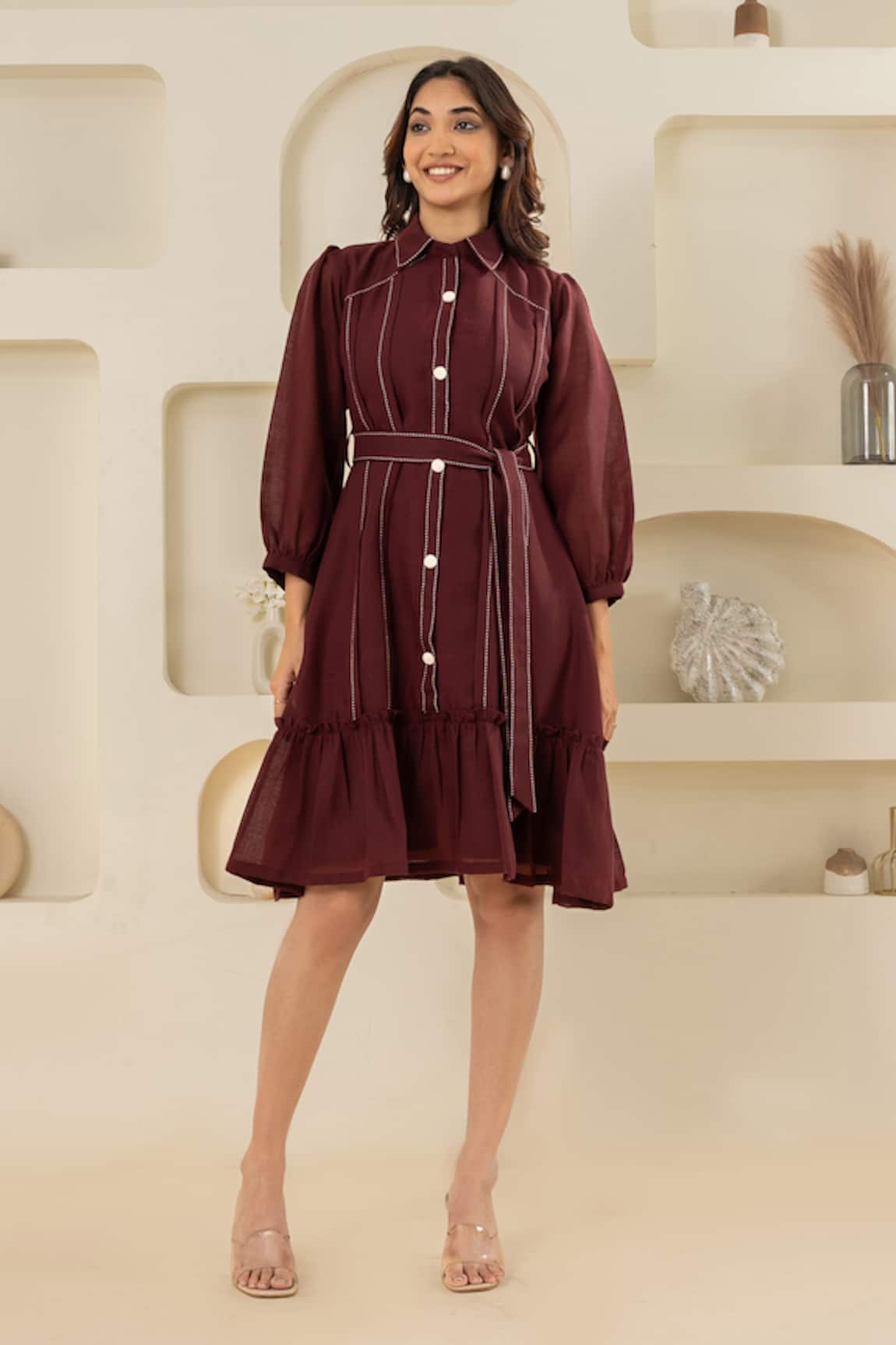 Savaaya Maroon Linen Blend Dress with Belt 