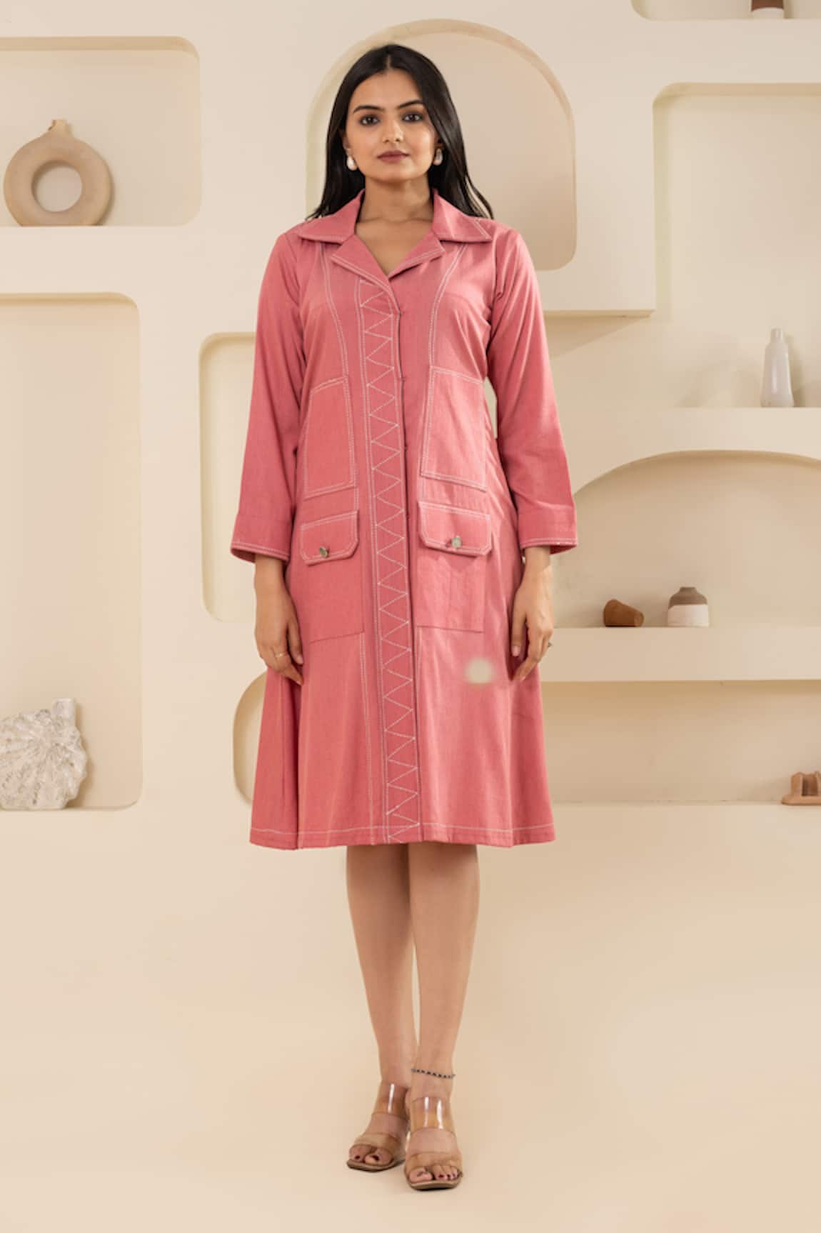 Savaaya Pink Cotton Denim Midi Dress 