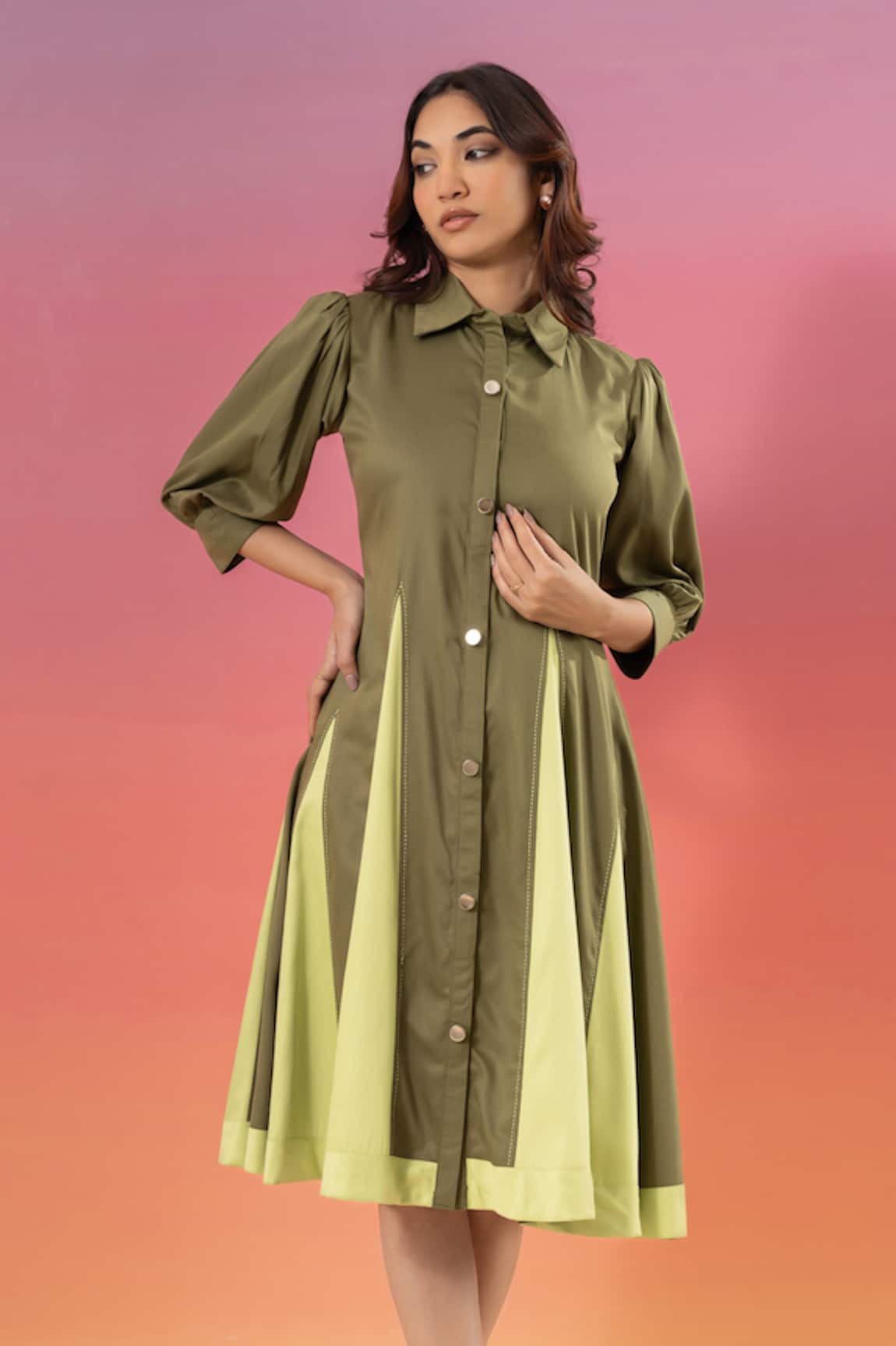 Savaaya Light Green & Dark Green Puff Sleeve Dress 