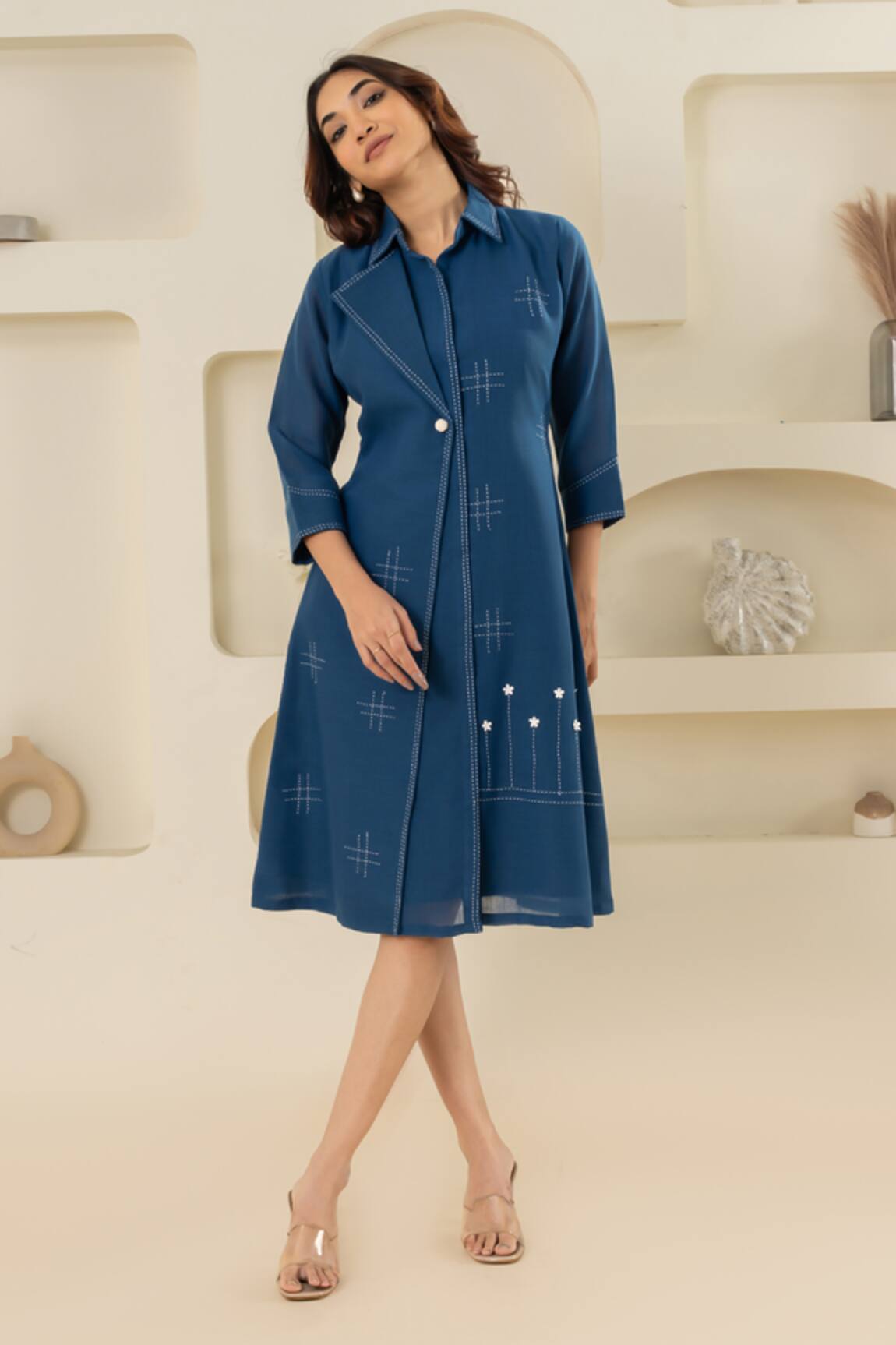 Savaaya Blue Linen Blend Midi Dress 