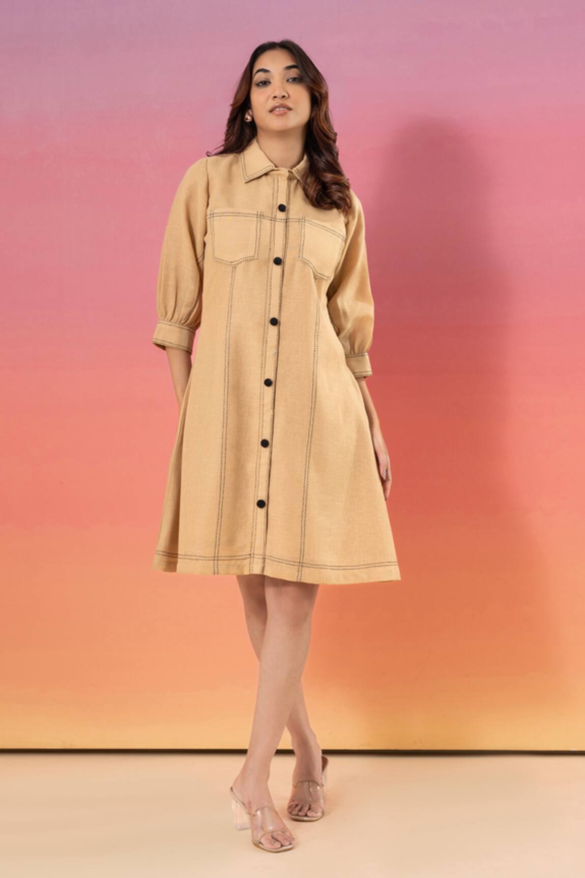 Savaaya Beige Linen Blend Short Dress 