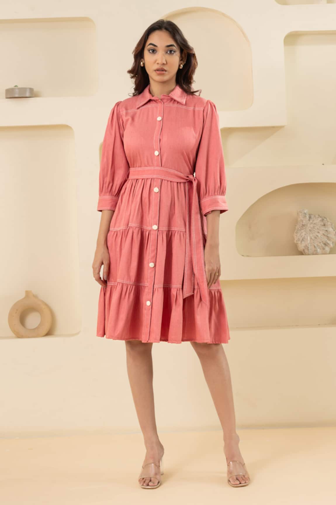 Savaaya Pink Cotton Denim Dress With Belt 