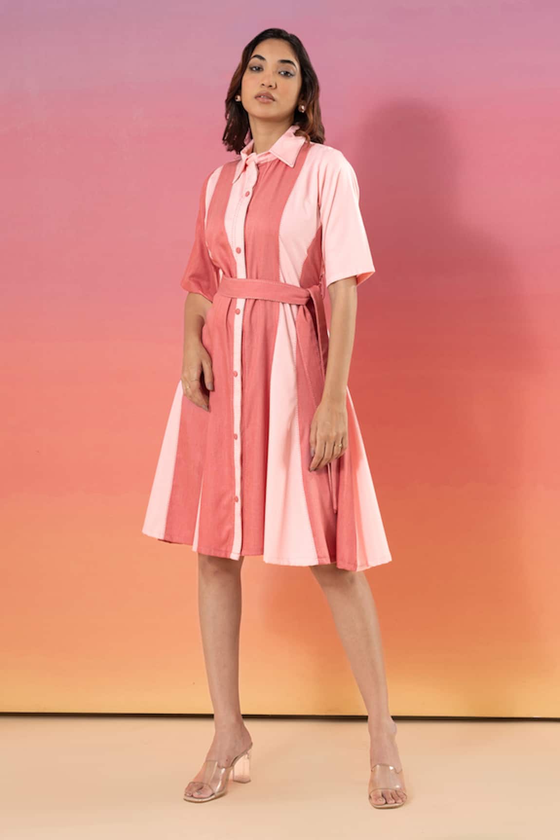 Savaaya Light Pink & Dark Pink Cotton Denim Dress 