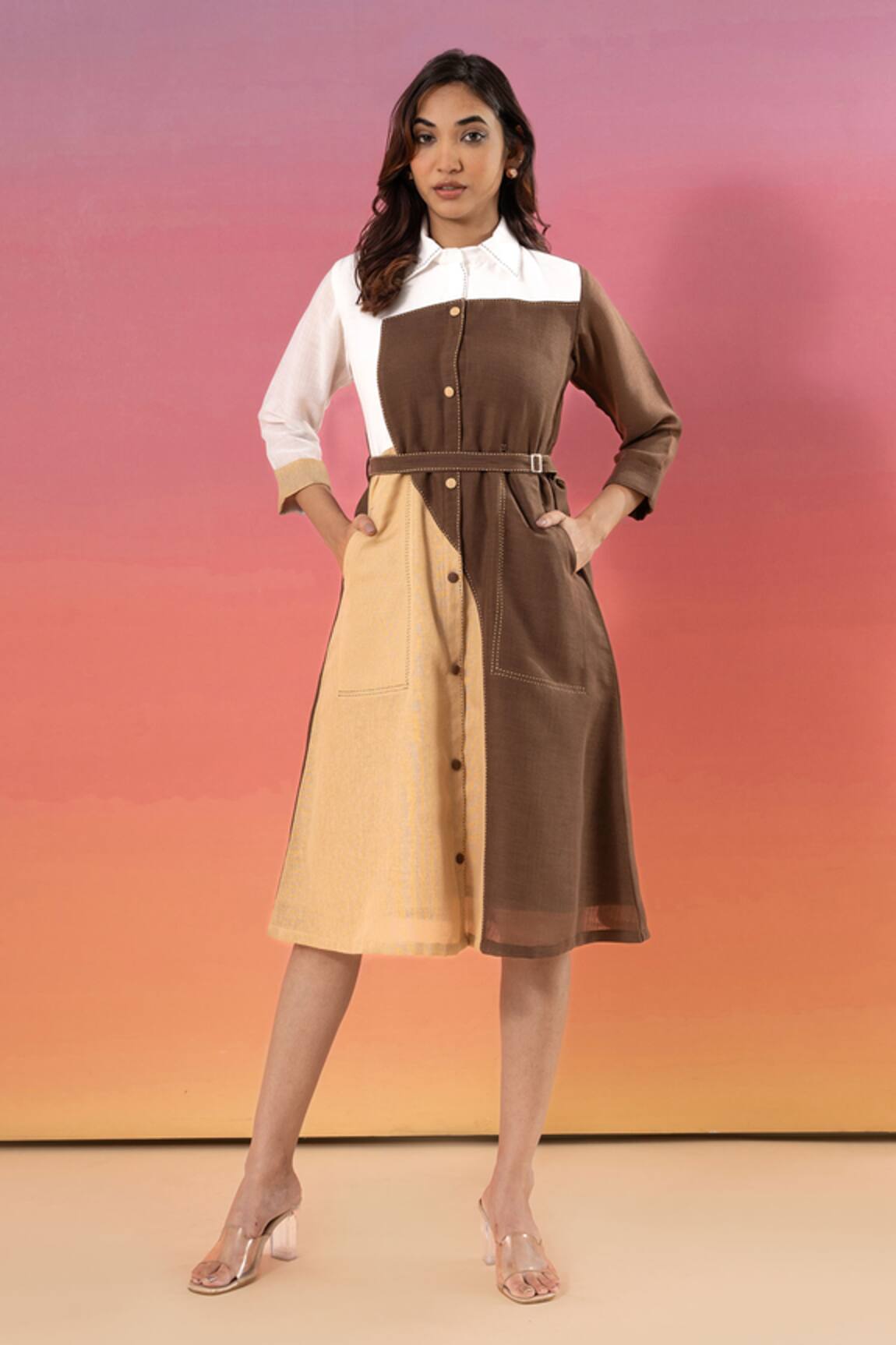 Savaaya Color Block Midi Dress With Belt 