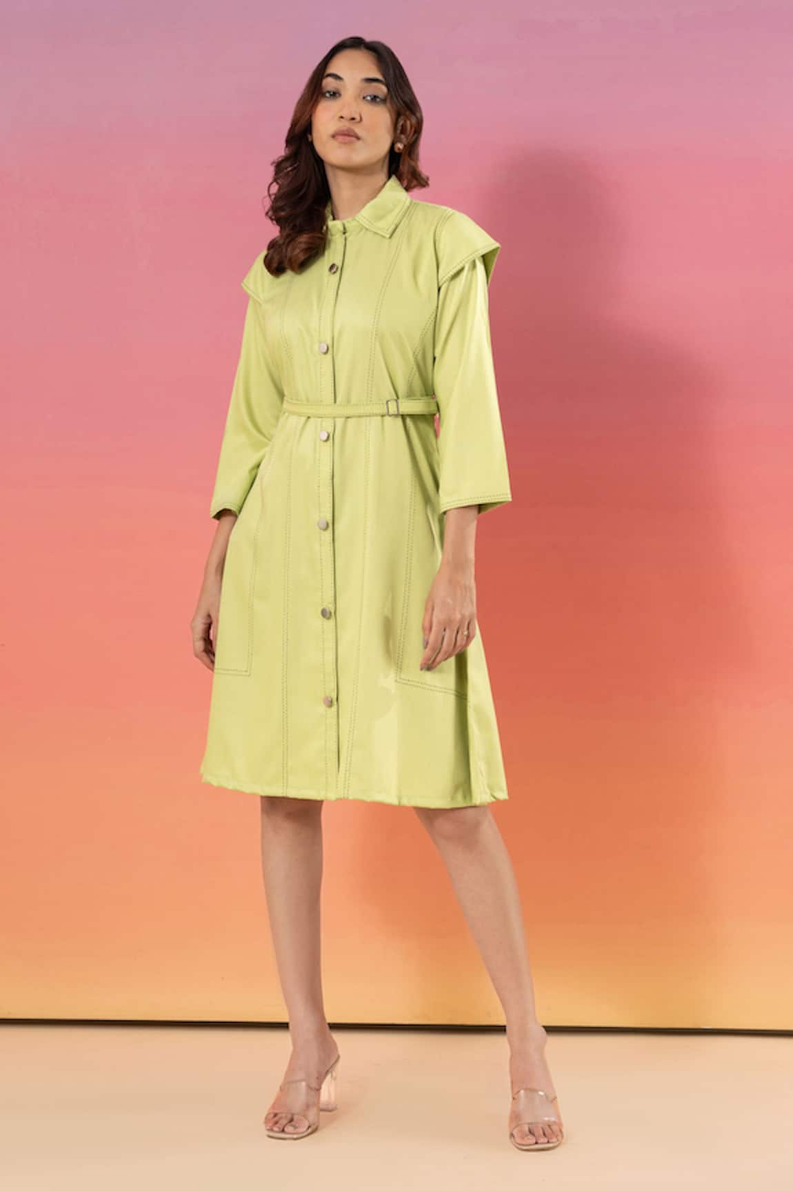 Savaaya Light Green Cotton Denim Dress with Belt 