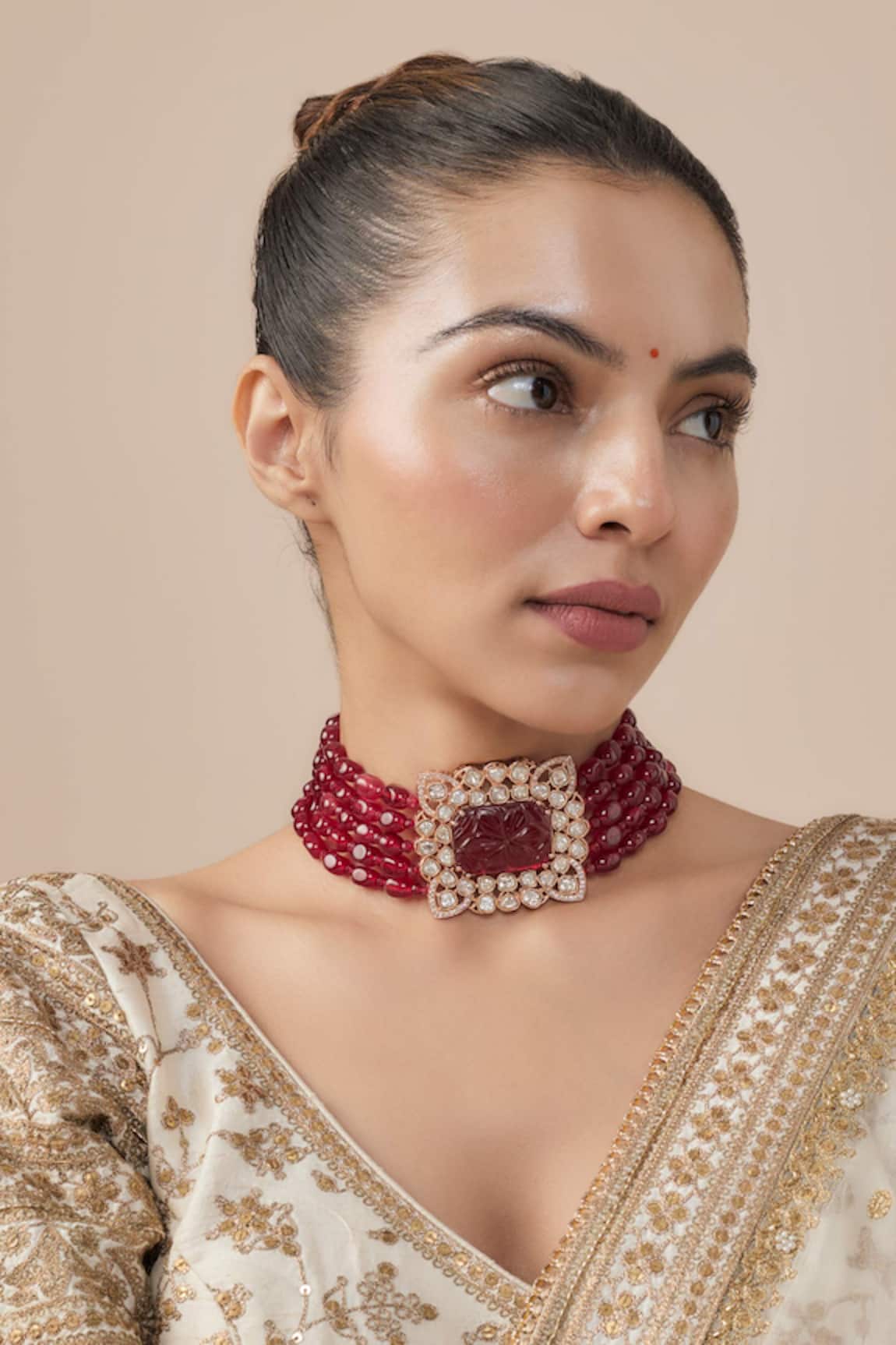 Vivinia By Vidhi Mehra Gold & Red Beaded Choker Necklace