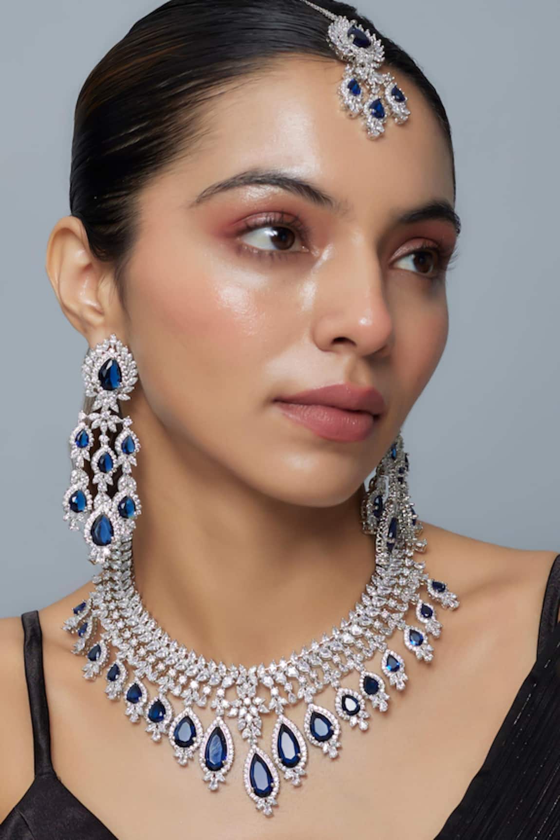 Vivinia By Vidhi Mehra Silver & Blue Designer Jewellery Set 